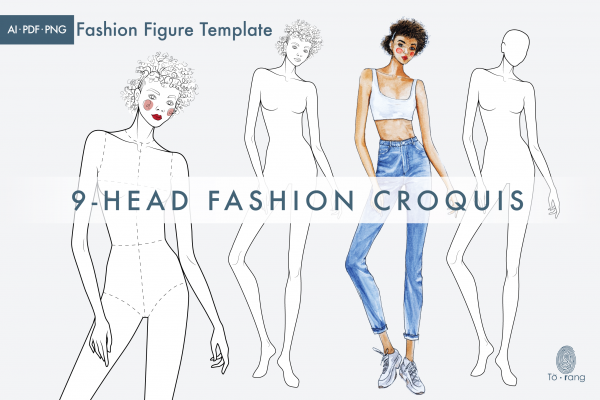 Female Figure Templates for Fashion Illustrations, 9-Head Fashion Croquis, Curly Hair