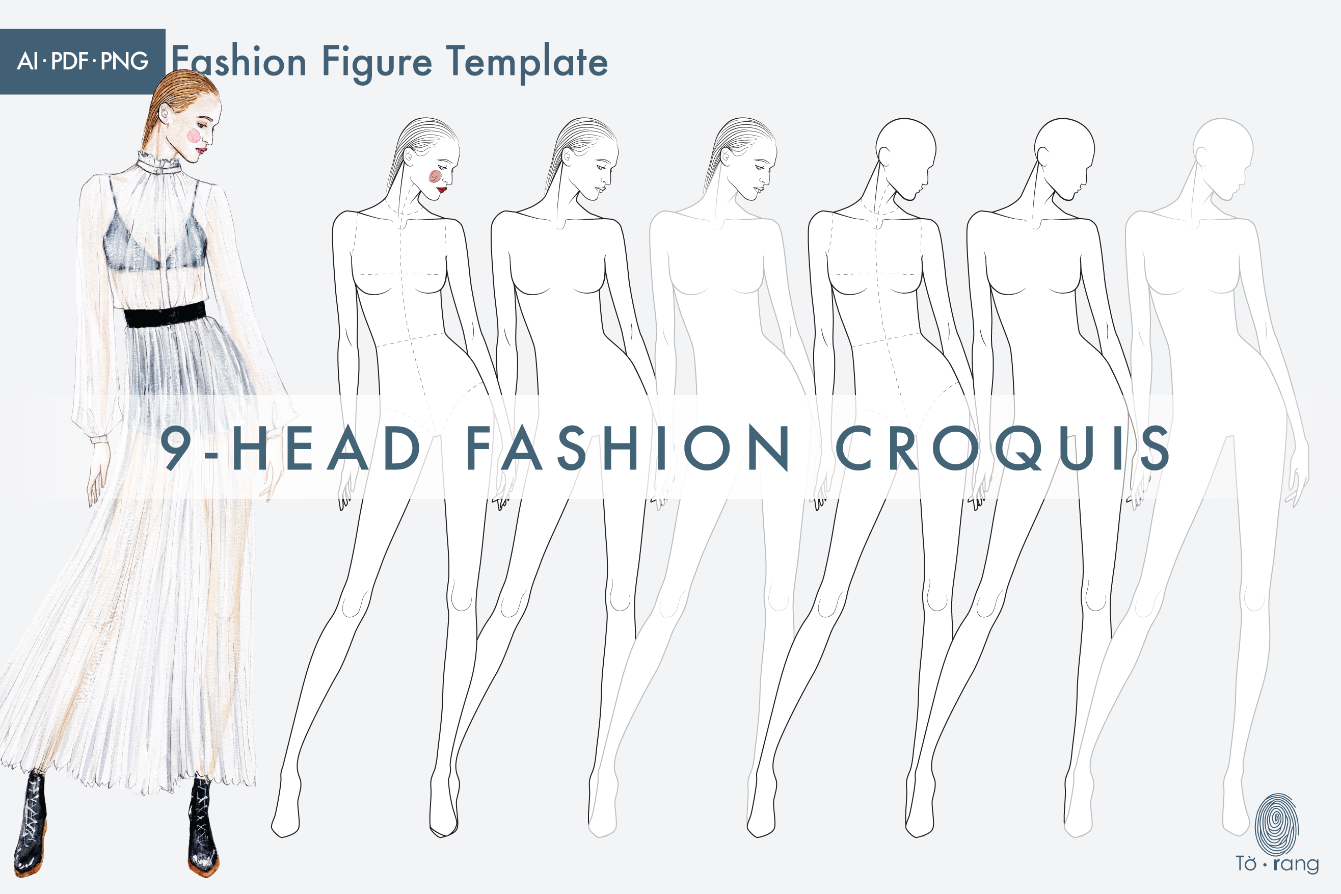 Female Fashion Croquis Template, 9-Head Fashion Figure, Sketch Fashion Poses - Image 2