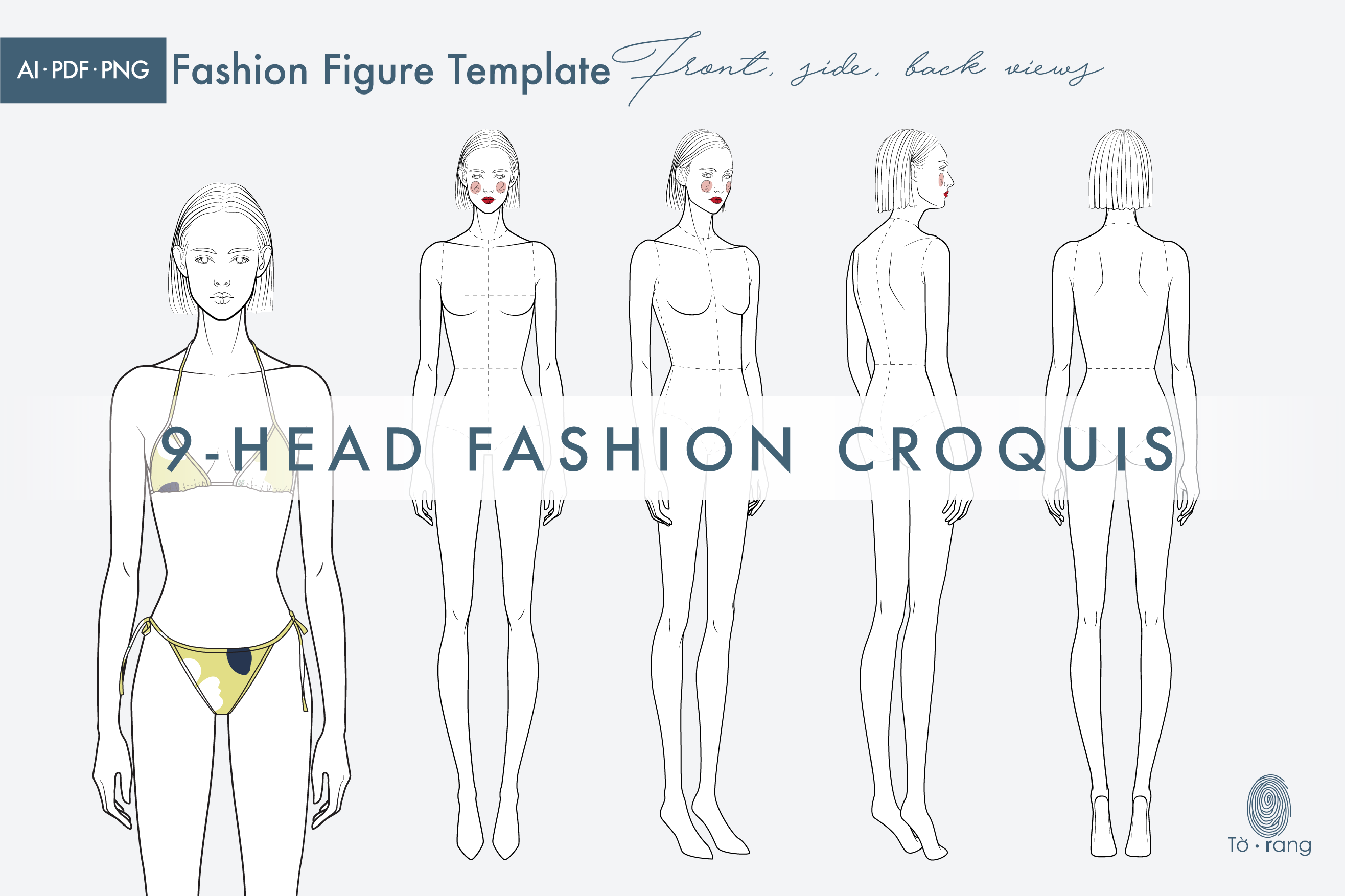 Female Fashion Figure Template, 9-Head Fashion Croquis, Front, 2 Side and Back Views