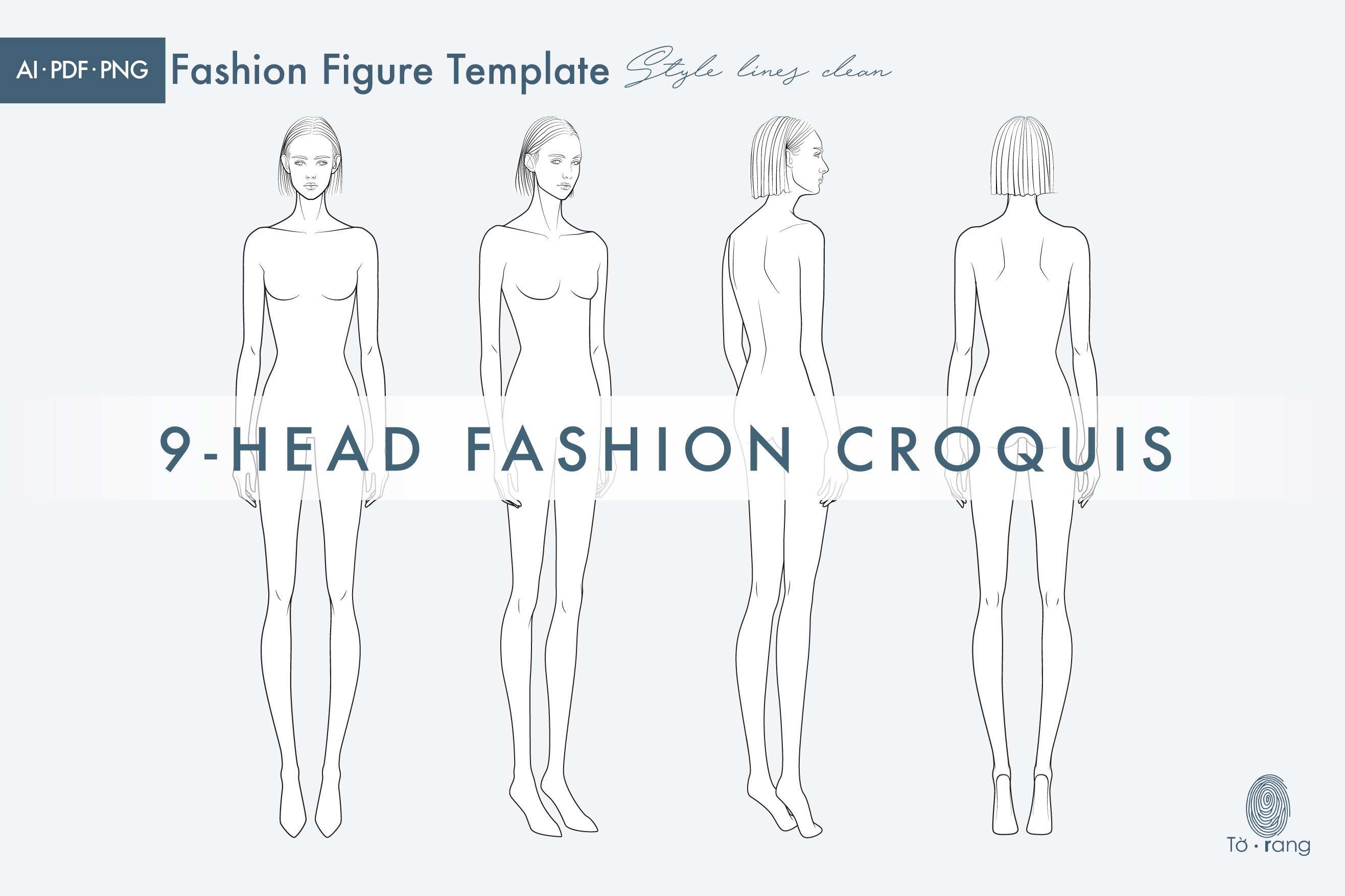 Female Fashion Figure Template, 9-Head Fashion Croquis, Front, 2 Side and Back Views - Image 3