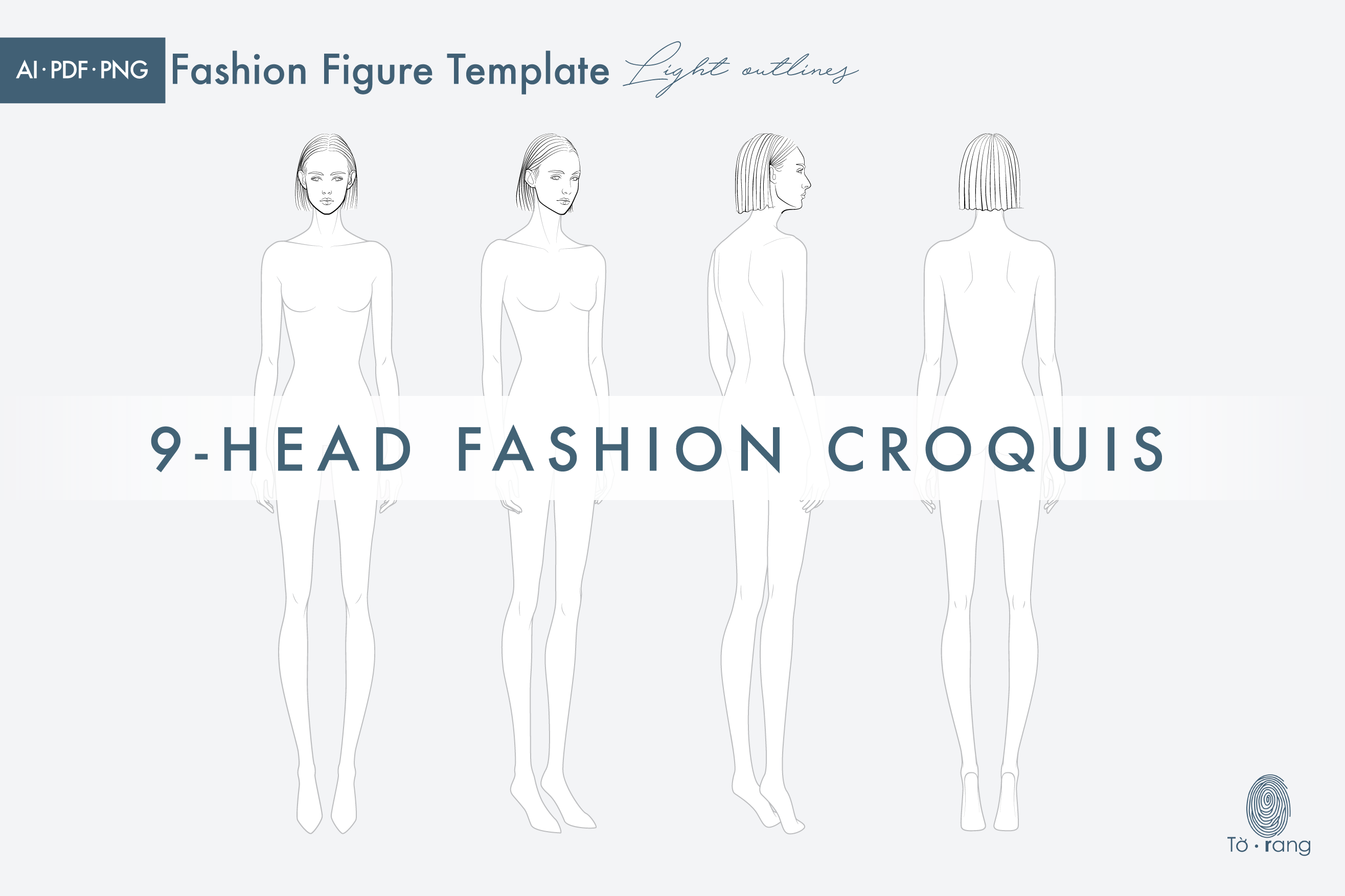 Female Fashion Figure Template, 9-Head Fashion Croquis, Front, 2 Side and Back Views - Image 4
