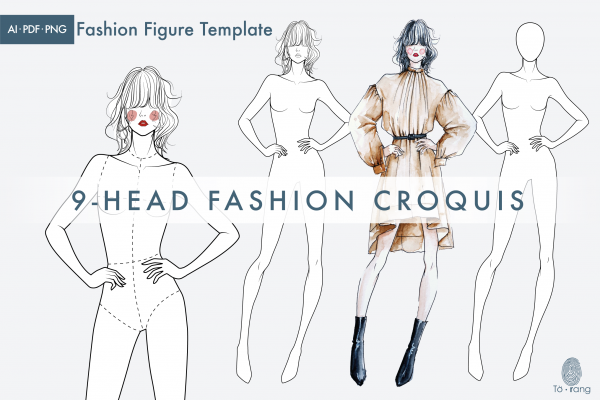 Female Figure Templates for Fashion Illustrations, 9-Head Fashion Croquis