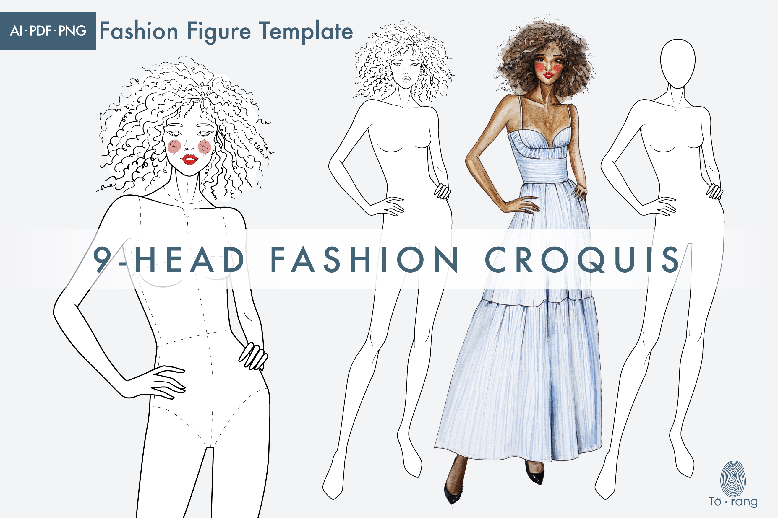 Female Fashion Croquis Template, 9-Head Fashion Figure, Curly Hair