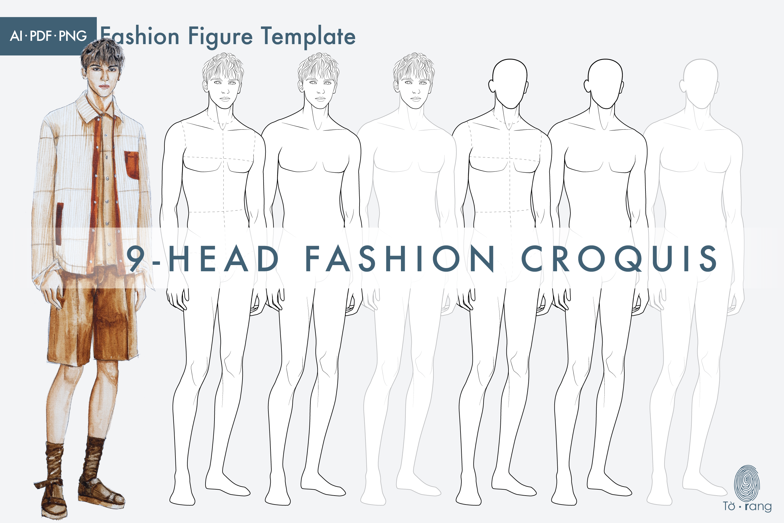 Male Fashion Figure Templates, 9-Head Fashion Croquis, Relaxing Pose - Image 2