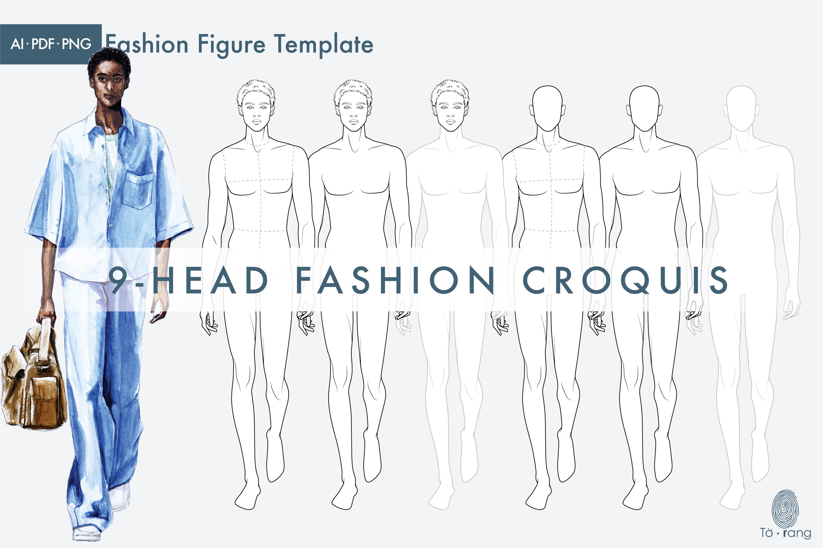 Male Croquis for Fashion Illustration, 9-Head Fashion Figure Template, Catwalk Pose - Image 2