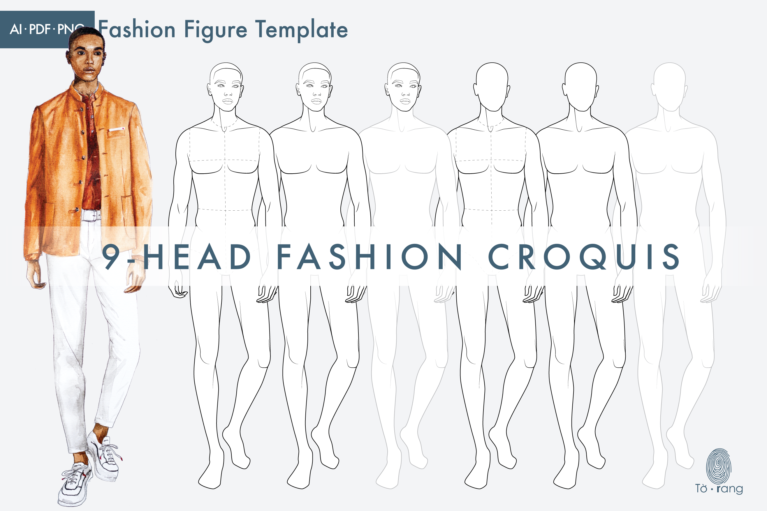 Male Fashion Figure Template, 9-Head Fashion Croquis, Catwalk Pose - Image 2