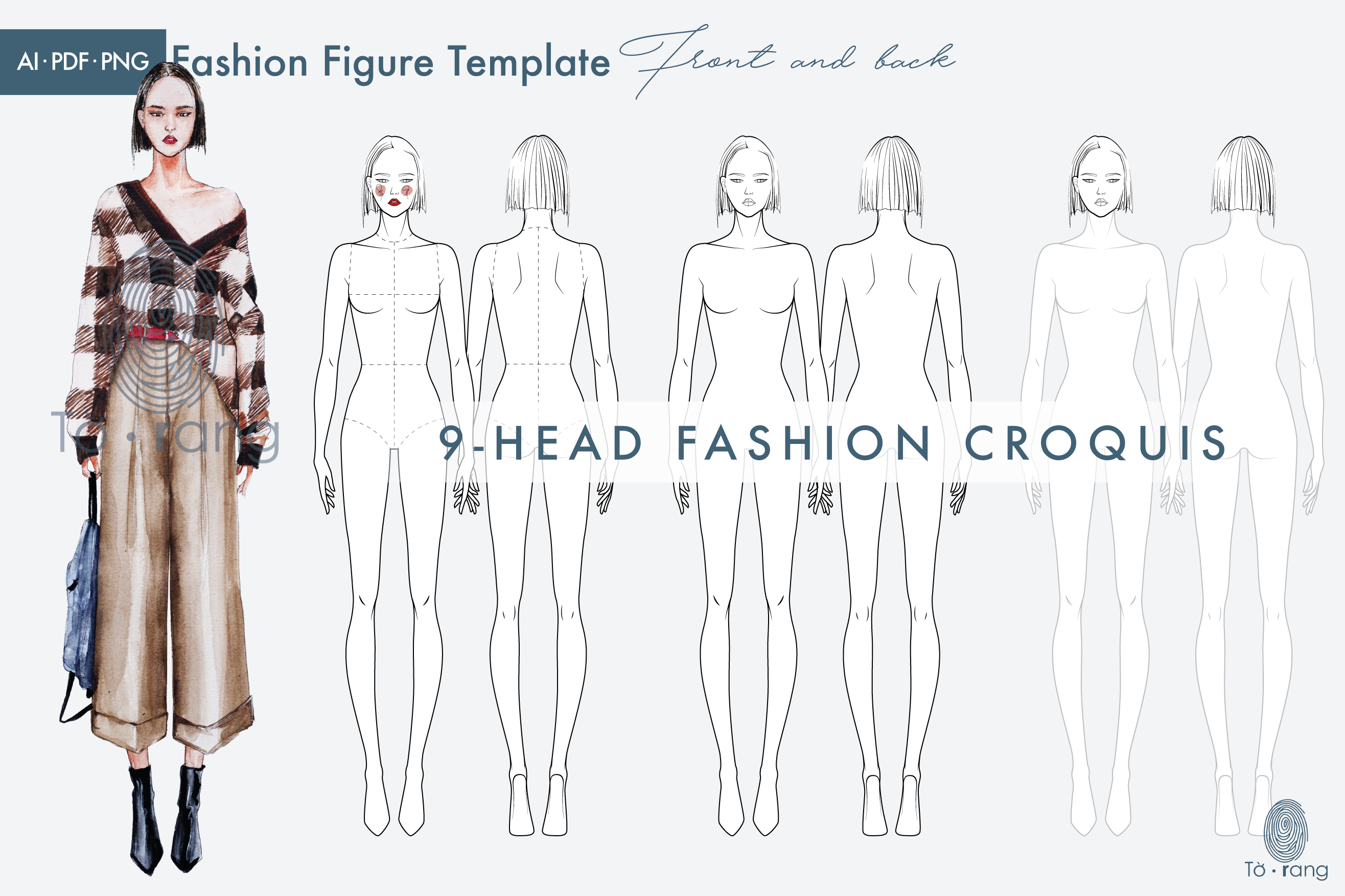 Female Fashion Figure Templates, 9 Head Fashion Croquis, Front and Back - Image 2