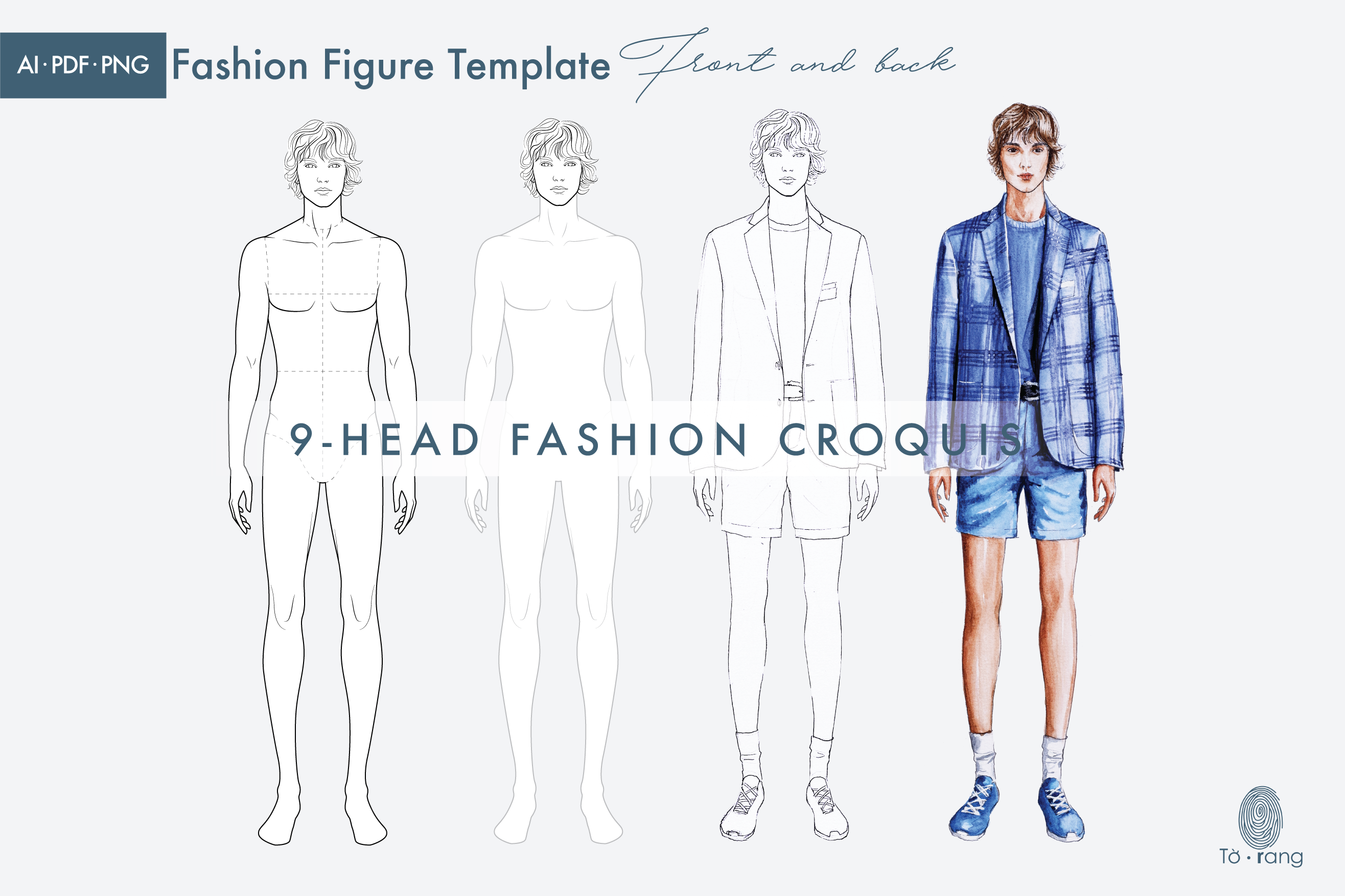 Male Fashion Figure Templates, 9 Head Fashion Croquis, Front and Back - Image 3
