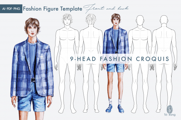 Male Fashion Figure Templates, 9 Head Fashion Croquis, Front and Back