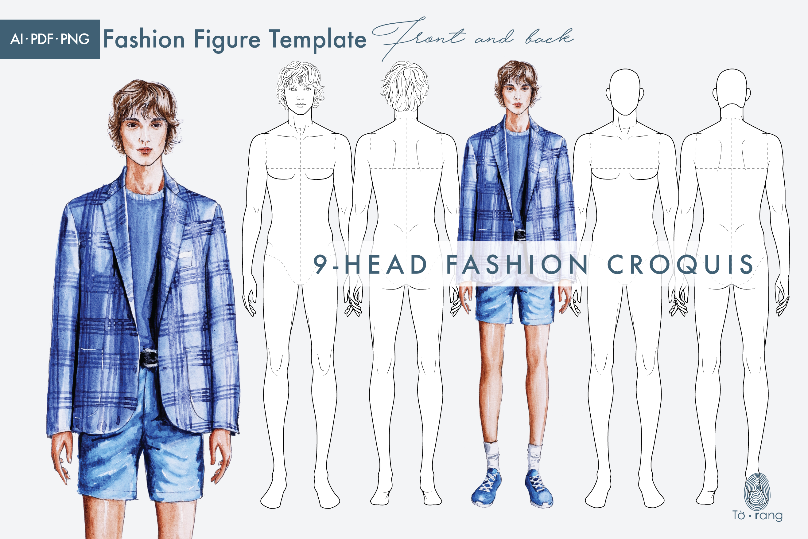 Male Fashion Figure Templates, 9 Head Fashion Croquis, Front and Back