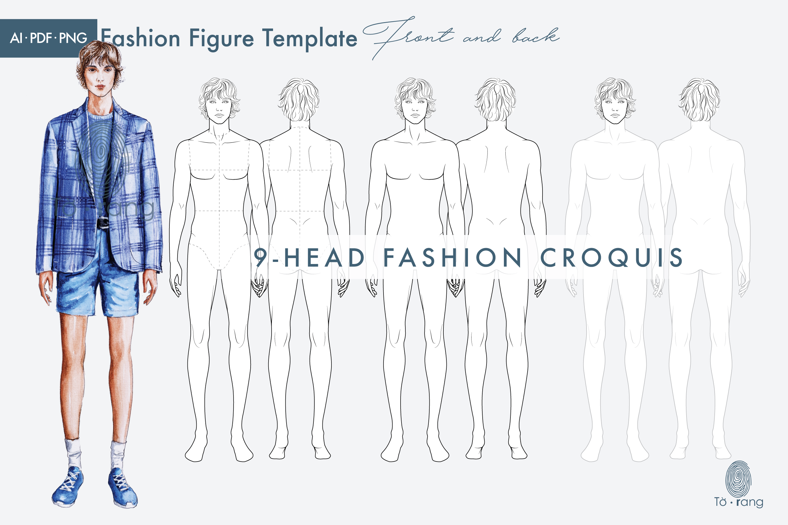 Male Fashion Figure Templates, 9 Head Fashion Croquis, Front and Back - Image 2