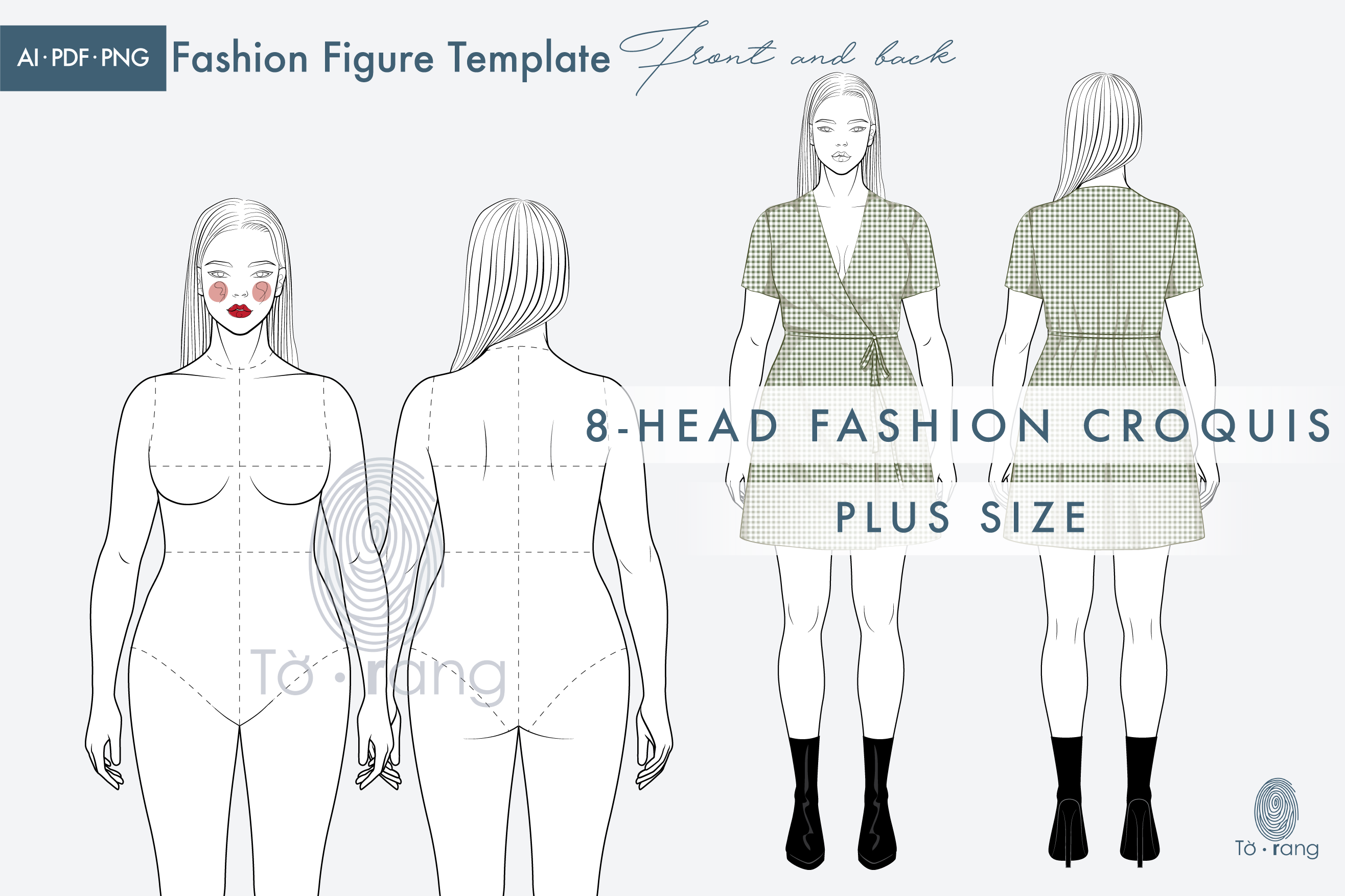 Plus Size Female Fashion Figure Templates, 8 Head Croquis, Front and Back Views
