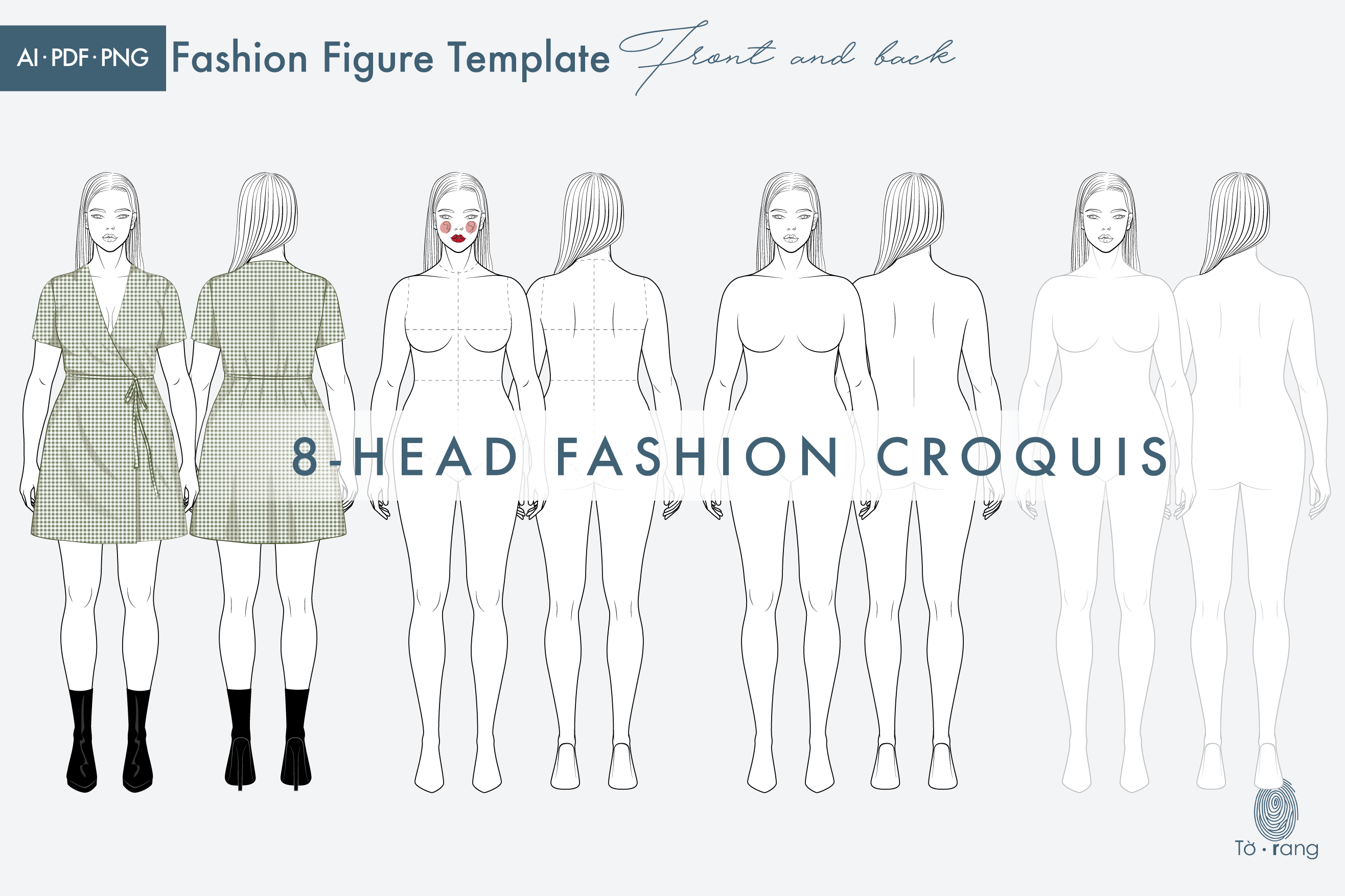 Plus Size Female Fashion Figure Templates, 8 Head Croquis, Front and Back Views - Image 2