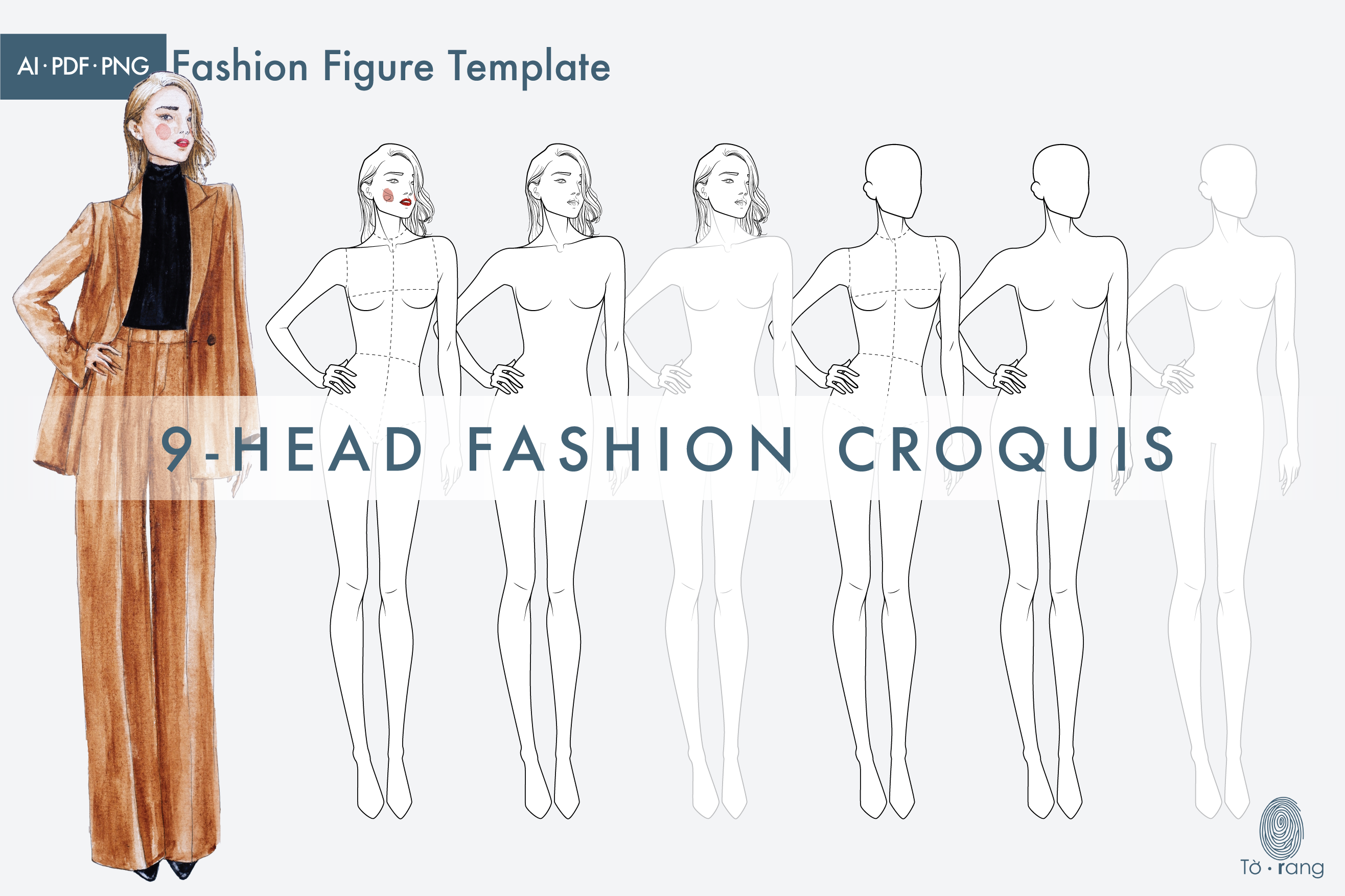 Figure Female Fashion Croquis Template, Fashion Illustration, 9-Head Fashion Figure - Image 2