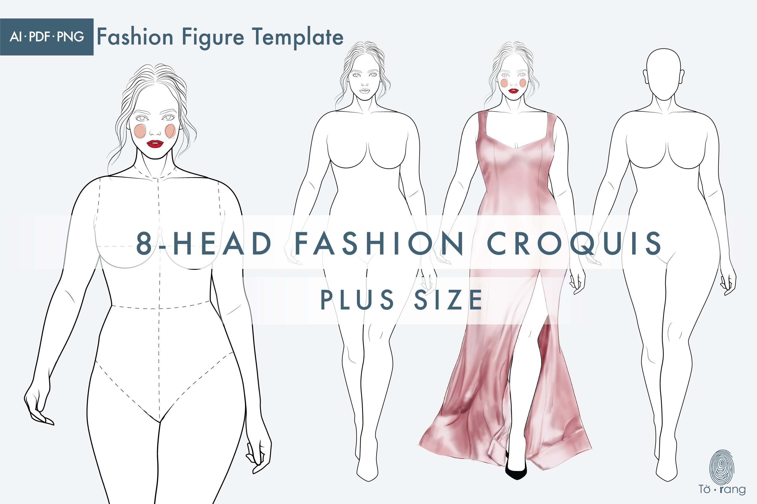 Female Plus Size Fashion Croquis, Catwalk Model, Figure Templates for Fashion Illustrations, 8 Head