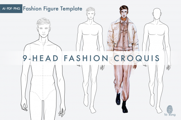 Male Fashion Figure Templates, 9-Head Fashion Croquis, Catwalk Pose