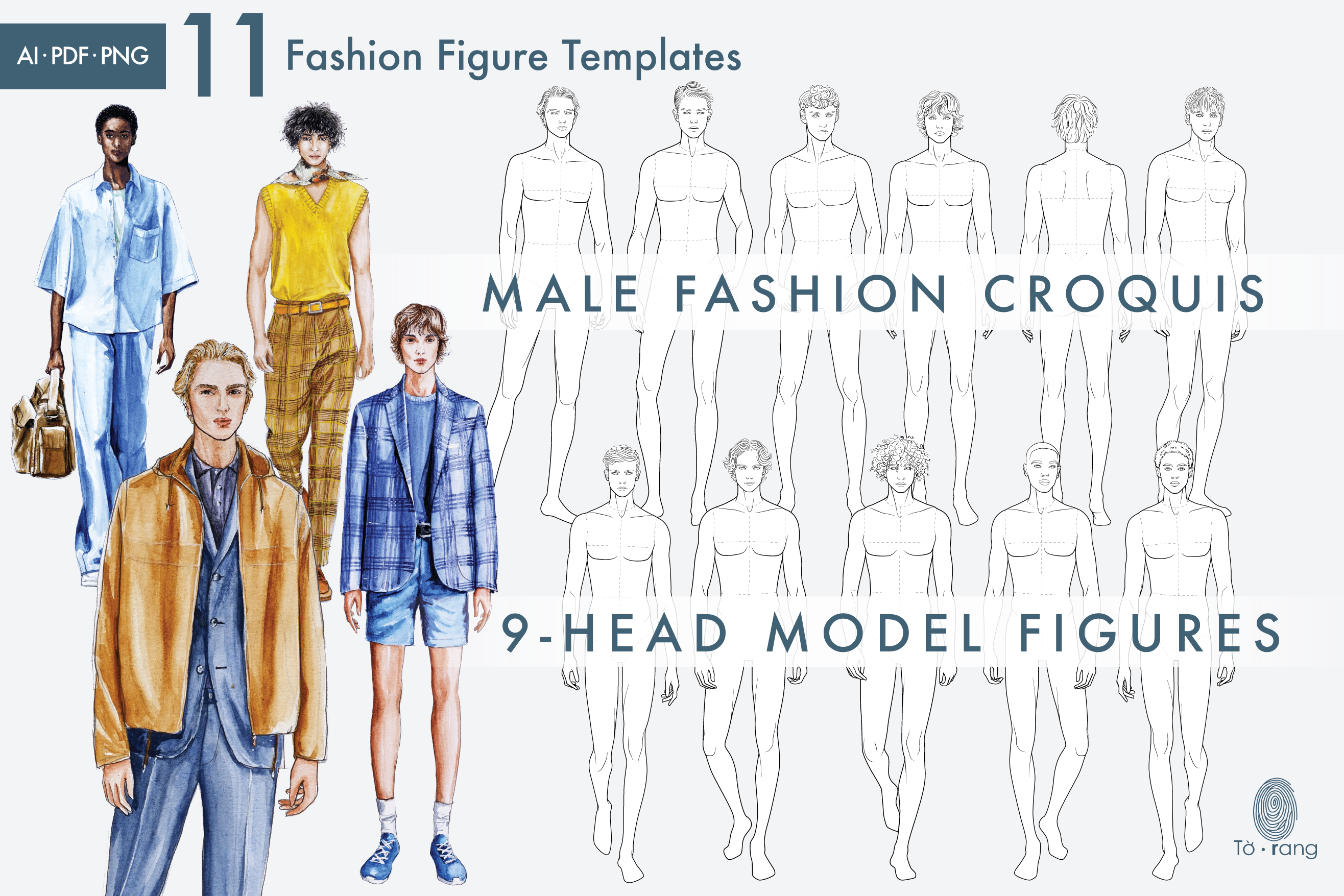 11 Male Fashion Figure Templates, Croquis Templates for Fashion Illustrations, 9-Head Fashion Croquis
