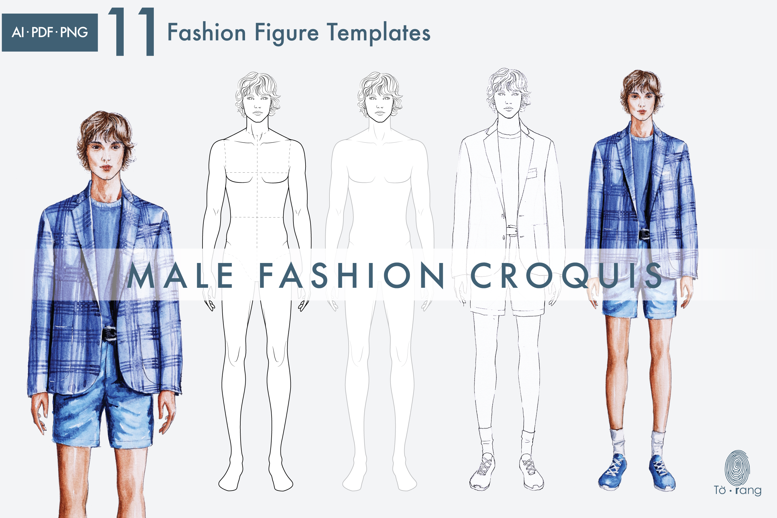 11 Male Fashion Figure Templates, Croquis Templates for Fashion Illustrations, 9-Head Fashion Croquis - Image 3
