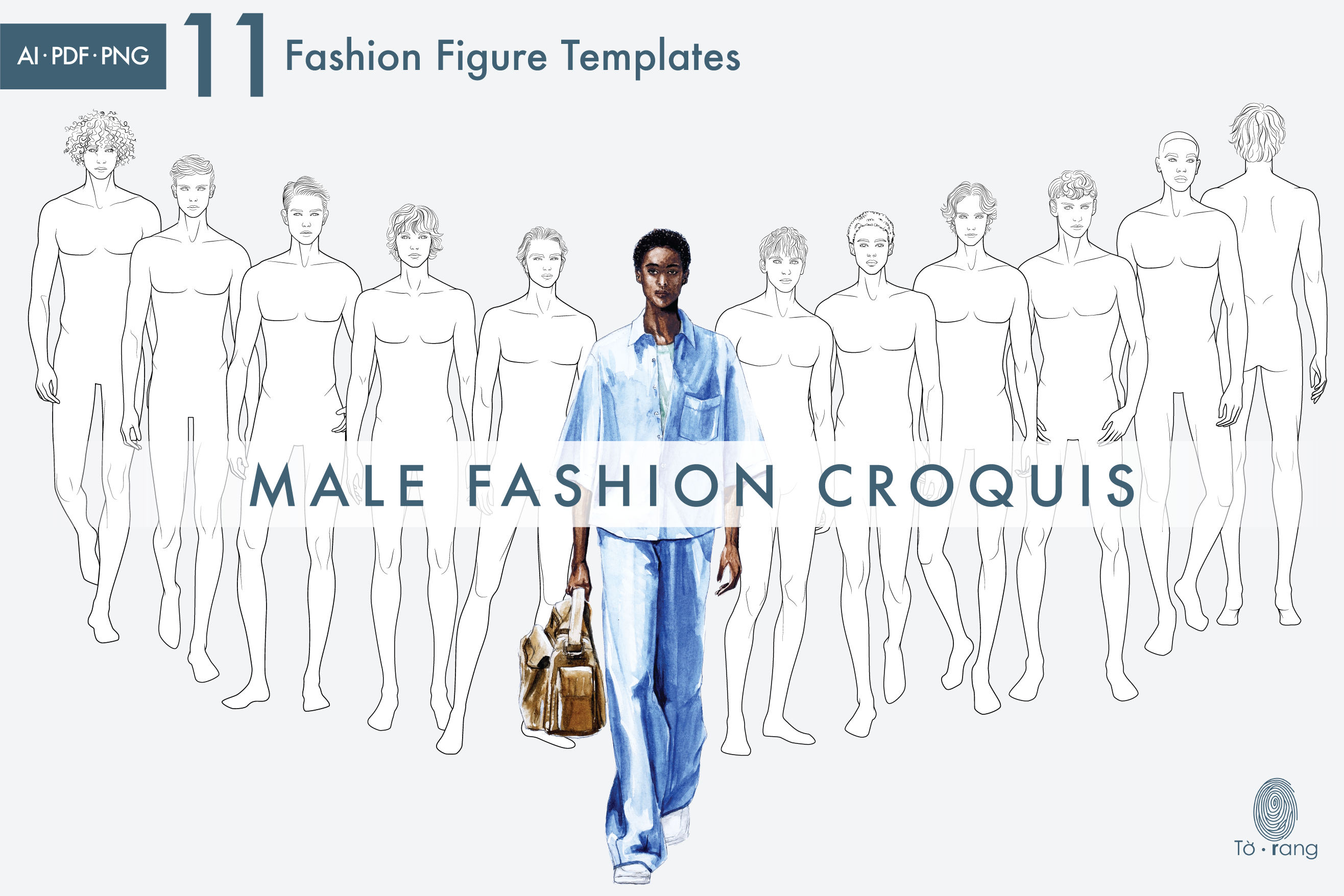 11 Male Fashion Figure Templates, Croquis Templates for Fashion Illustrations, 9-Head Fashion Croquis - Image 2