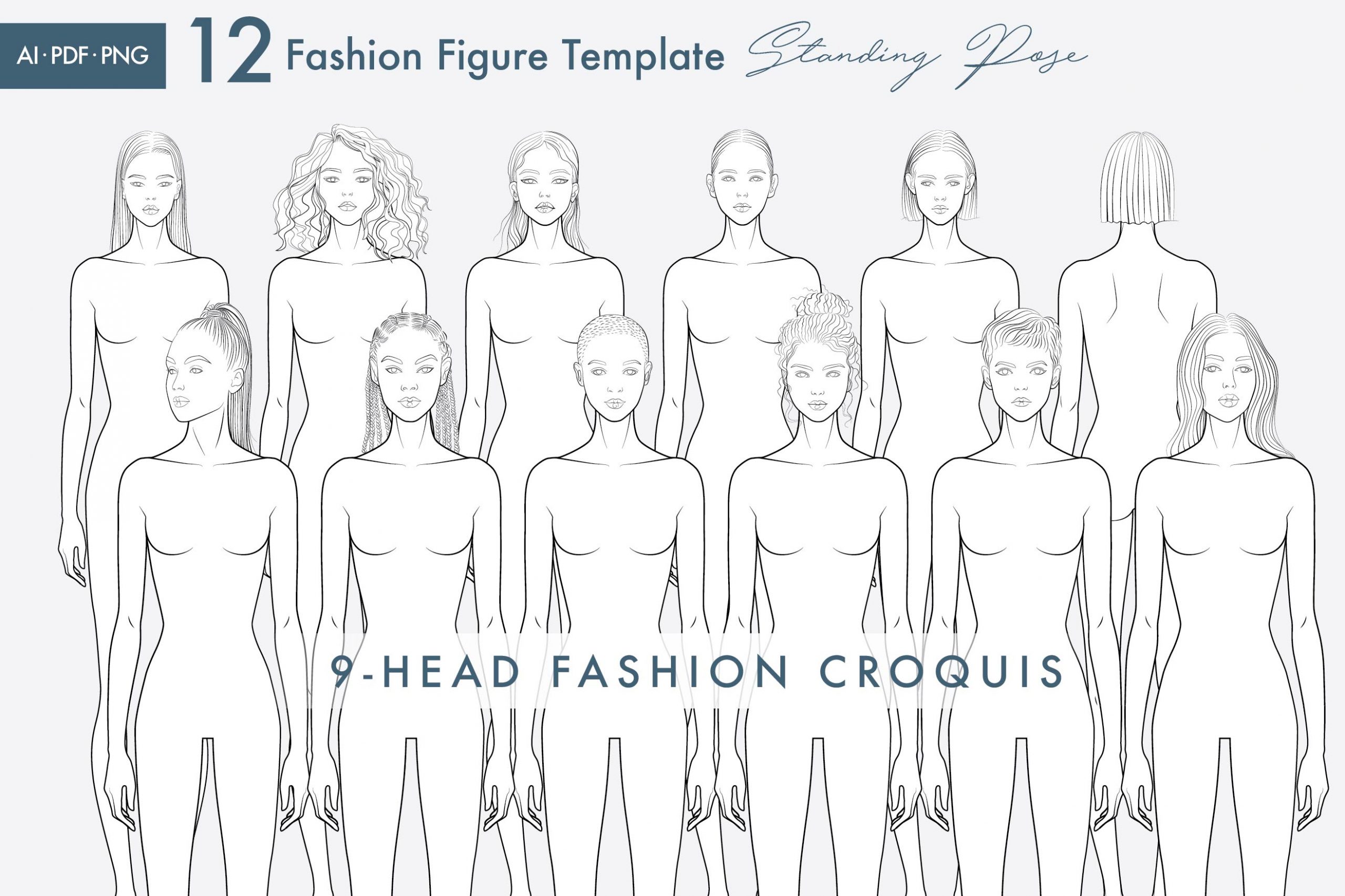 Female Standing Pose Croquis Bundle, 9-Head Fashion Figure, Female Croquis, Fashion Illustration, Hairstyle Templates, Front and Back Views - Image 2