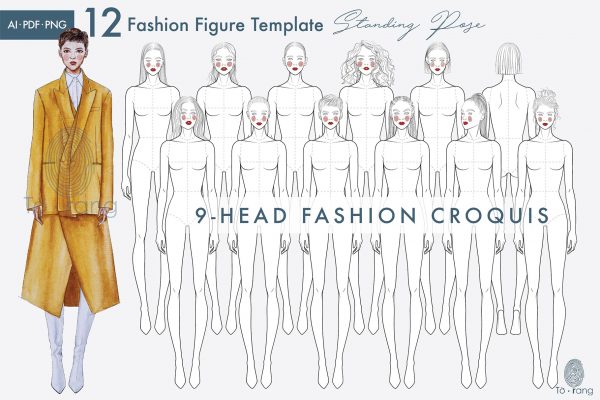 Female Standing Pose Croquis Bundle, 9-Head Fashion Figure, Female Croquis, Fashion Illustration, Hairstyle Templates, Front and Back Views