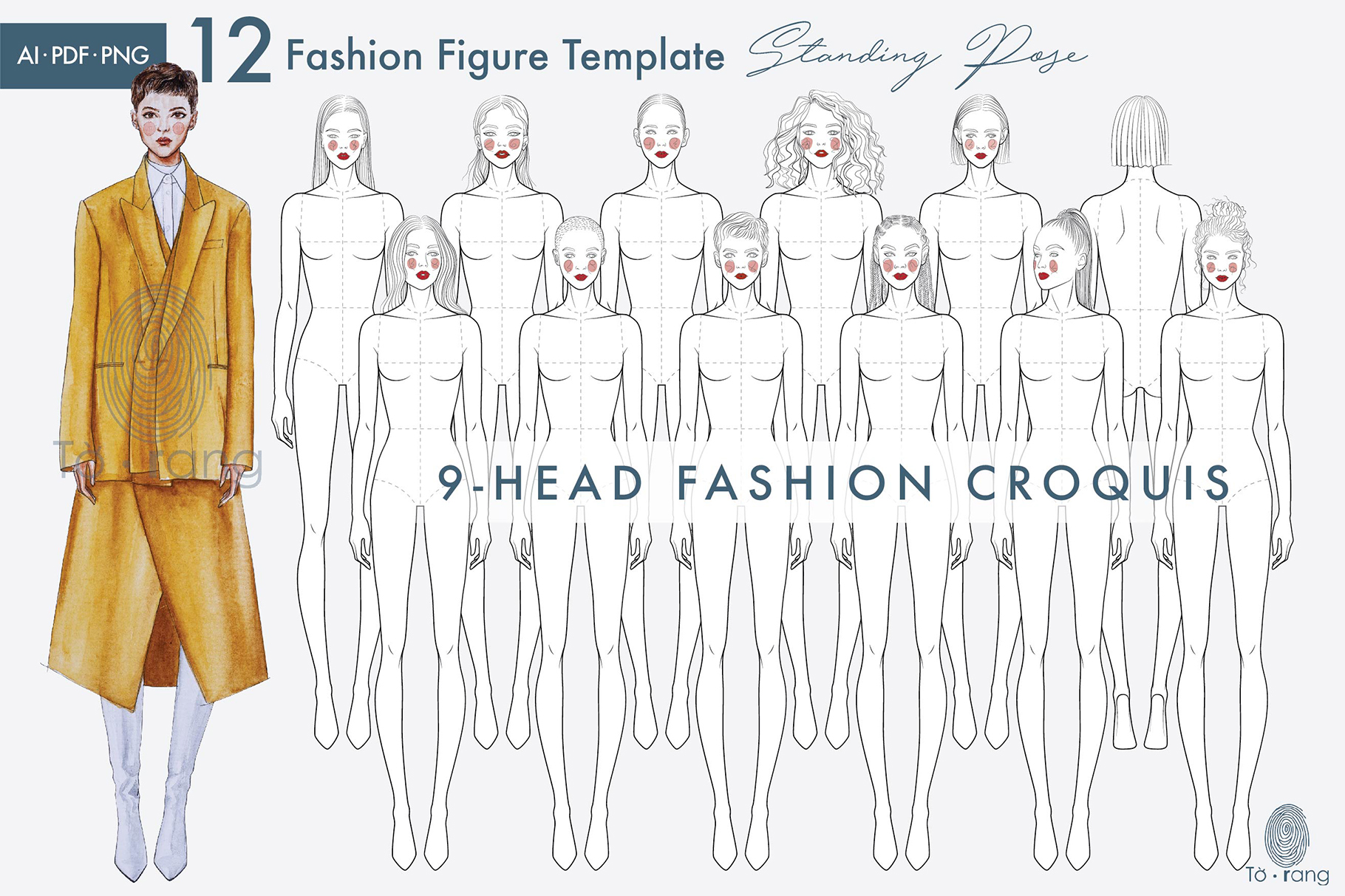 Female Standing Pose Croquis Bundle, 9-Head Fashion Figure, Female Croquis, Fashion Illustration, Hairstyle Templates, Front and Back Views