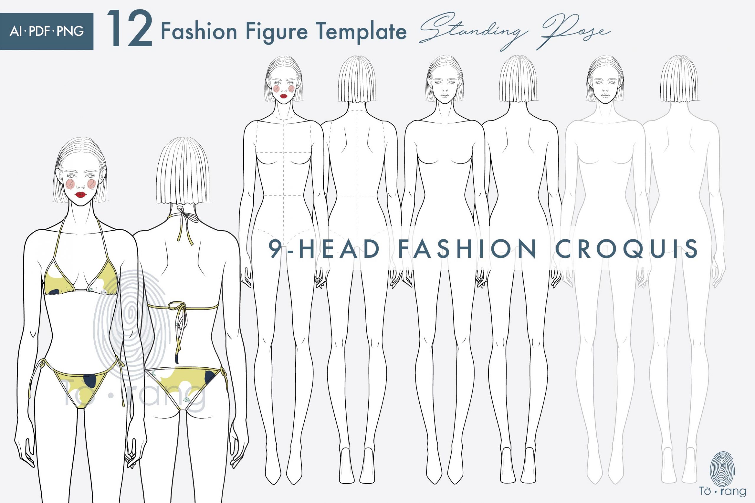 Female Standing Pose Croquis Bundle, 9-Head Fashion Figure, Female Croquis, Fashion Illustration, Hairstyle Templates, Front and Back Views - Image 3