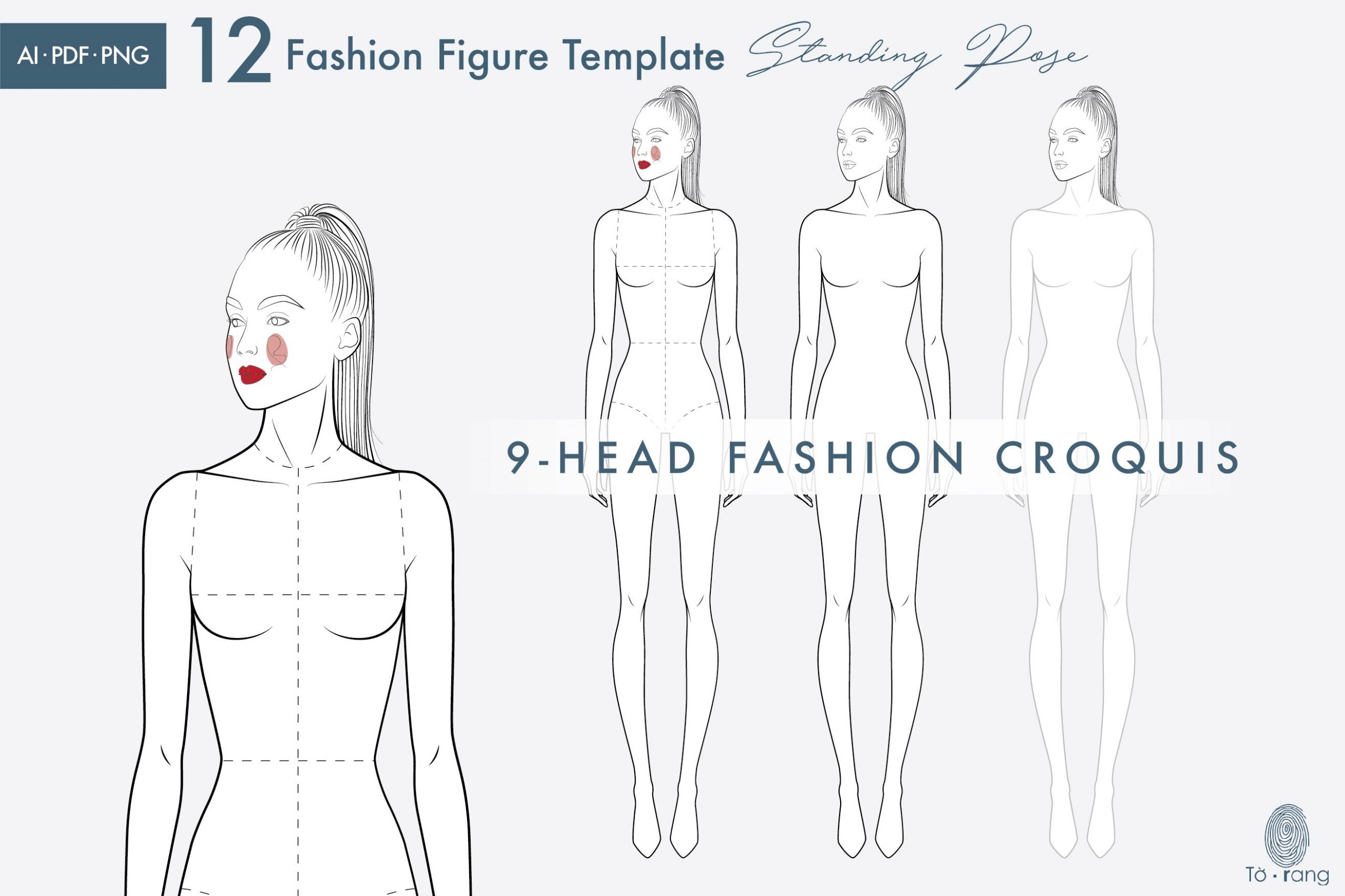 Female Standing Pose Croquis Bundle, 9-Head Fashion Figure, Female Croquis, Fashion Illustration, Hairstyle Templates, Front and Back Views - Image 4