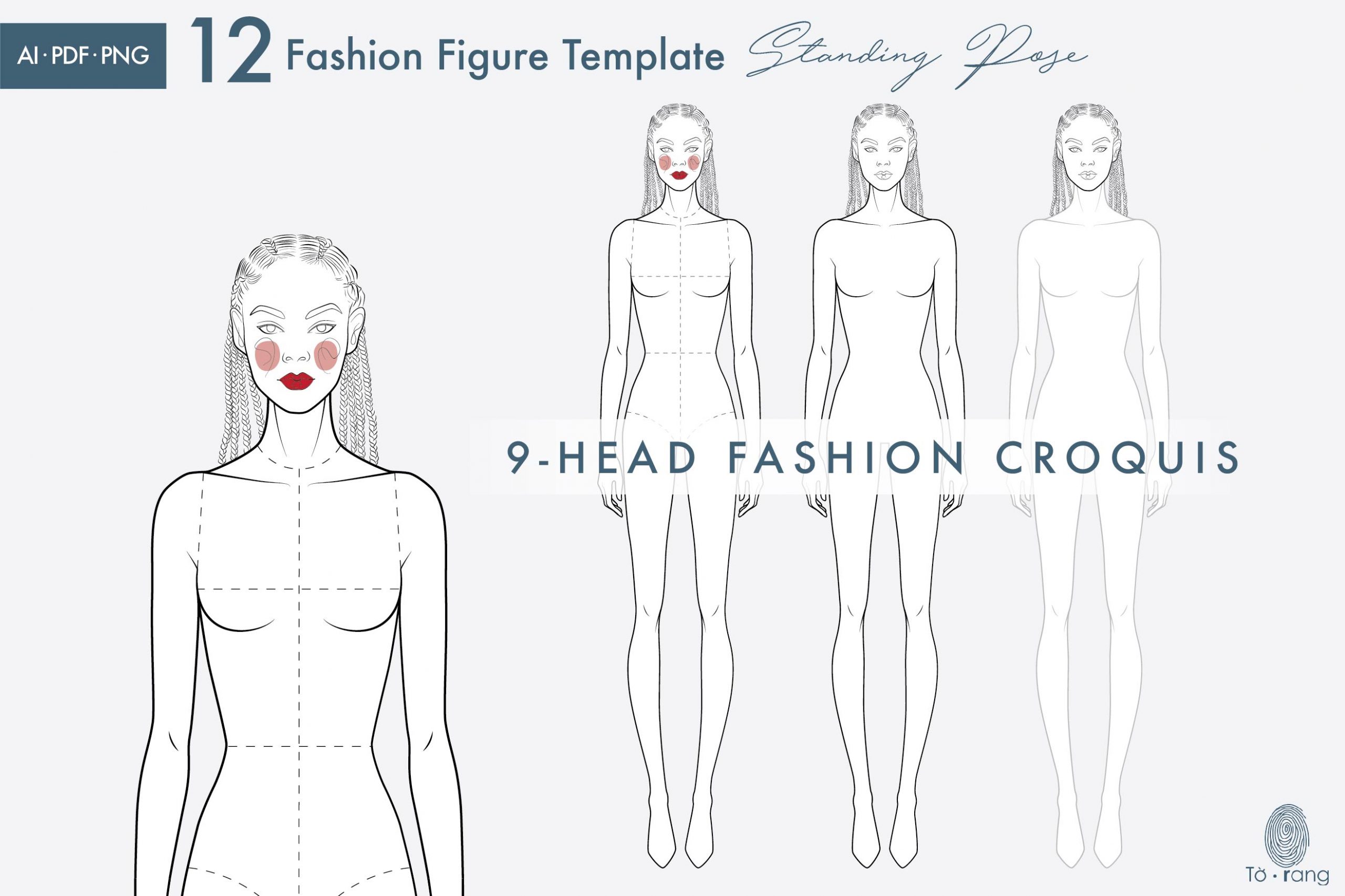 Female Standing Pose Croquis Bundle, 9-Head Fashion Figure, Female Croquis, Fashion Illustration, Hairstyle Templates, Front and Back Views - Image 6