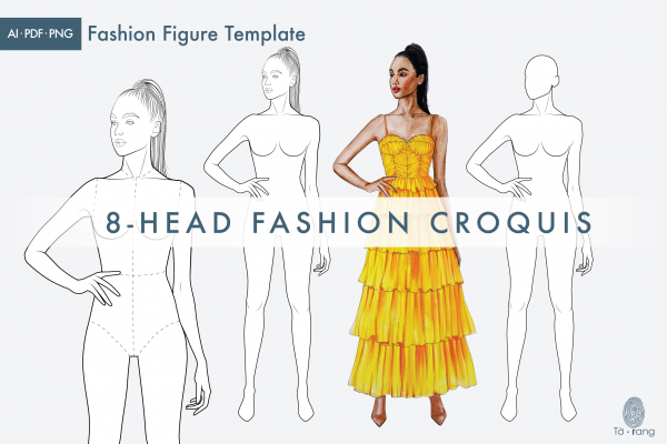 Female Fashion Figure Templates, Croquis Templates for Fashion Illustrations, 8 Head Fashion Croquis