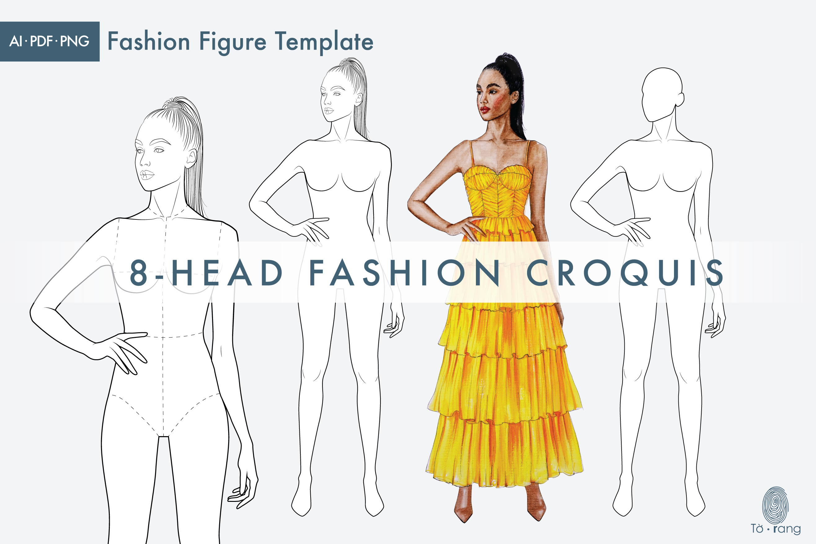 Female Fashion Figure Templates, Croquis Templates for Fashion Illustrations, 8 Head Fashion Croquis