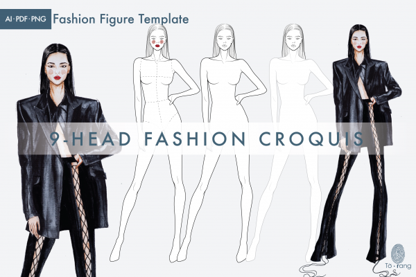 Female Fashion Figure Template, 9-Head Fashion Croquis, Figure Drawing for Fashion Design