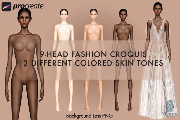 Female Fashion Croquis Template, 3 Different Colored Skin Tones, 9-Head Fashion Figure, Standing Pose, Background Less PNG