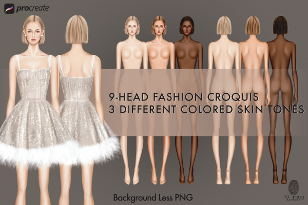 Female Fashion Croquis Template, Front and Back, 3 Different Colored Skin Tones, 9-Head Fashion Figure, Standing Pose, Background Less PNG