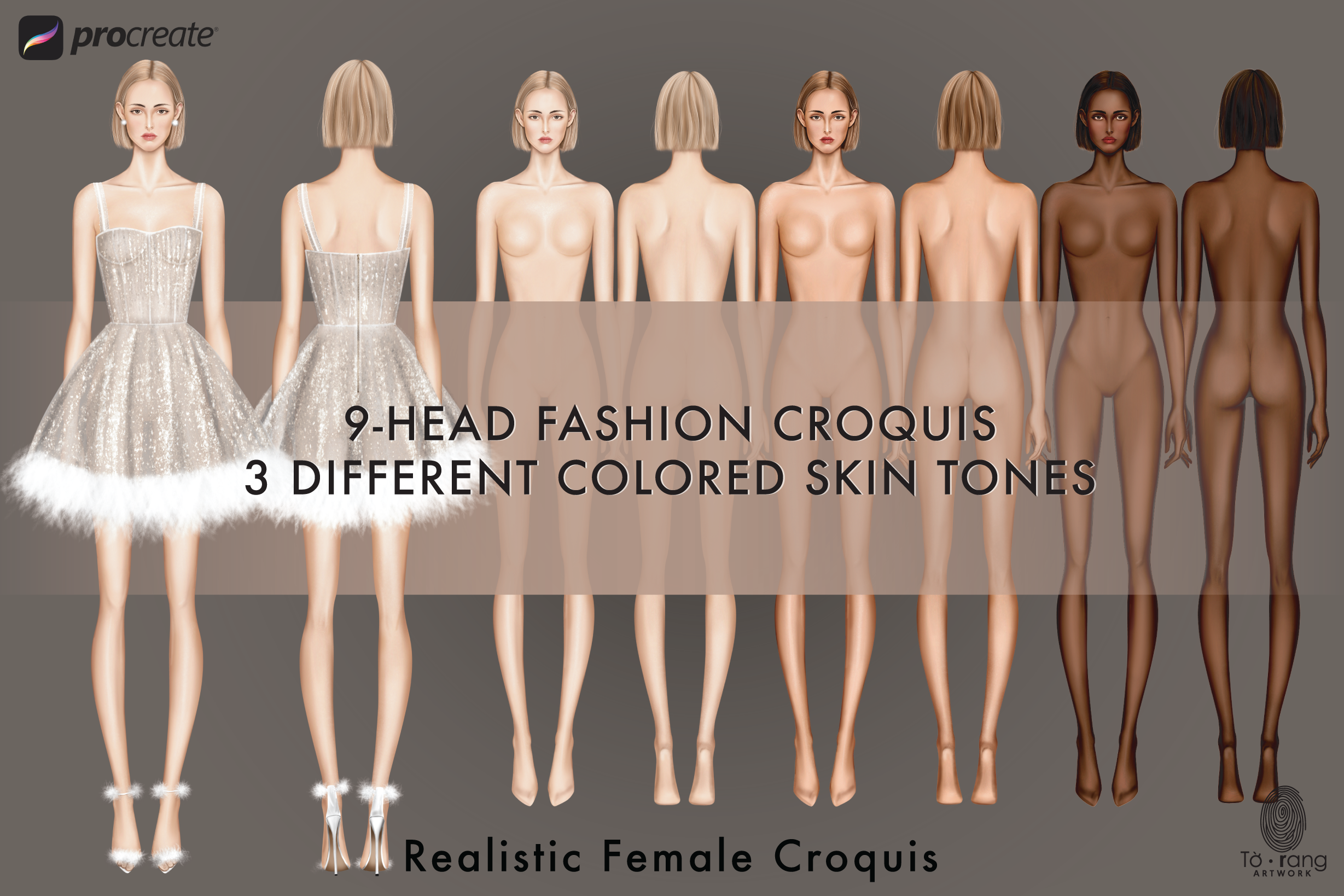 Female Fashion Croquis Template, Front and Back, 3 Different Colored Skin Tones, 9-Head Fashion Figure, Standing Pose, Background Less PNG - Image 2