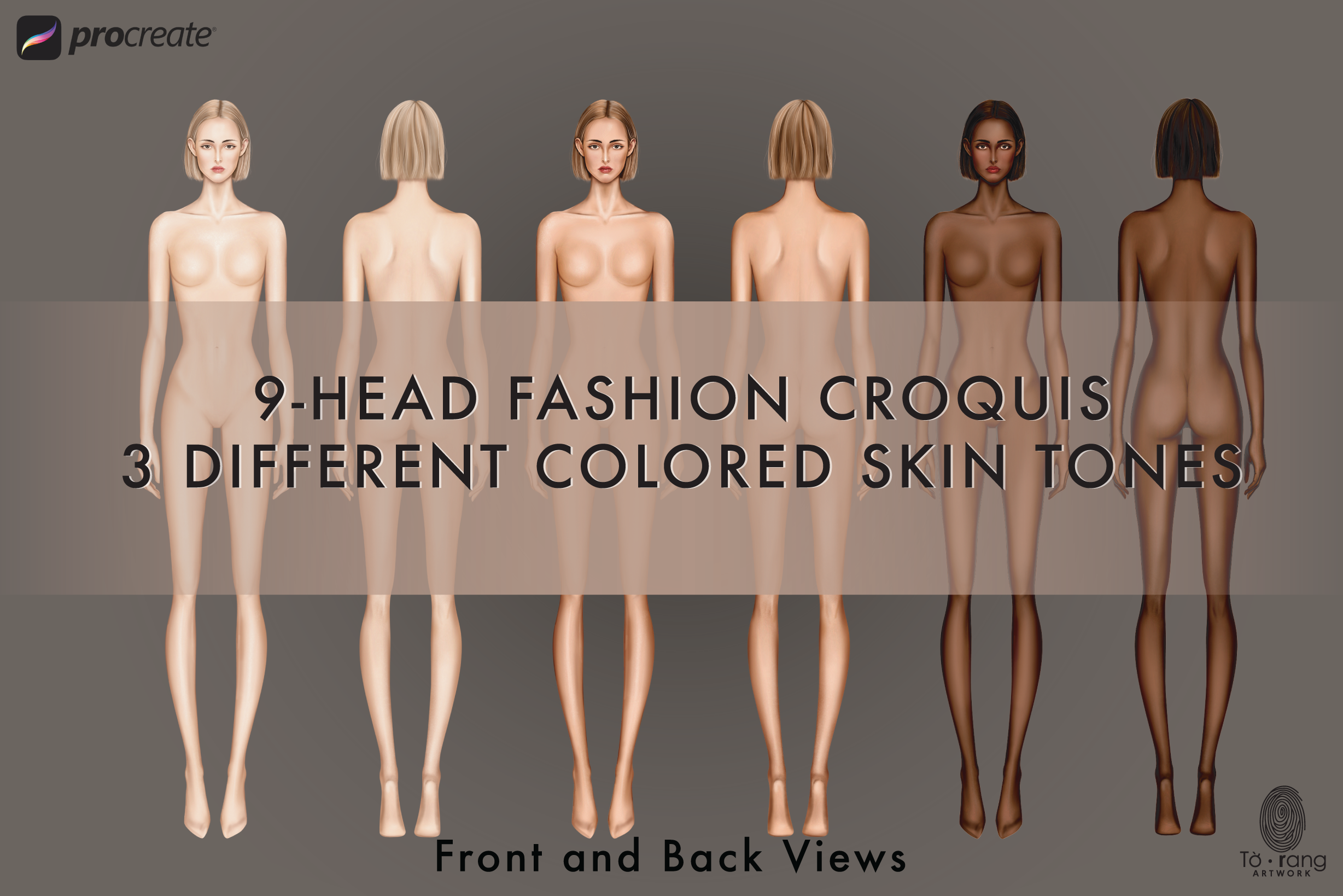 Female Fashion Croquis Template, Front and Back, 3 Different Colored Skin Tones, 9-Head Fashion Figure, Standing Pose, Background Less PNG - Image 3