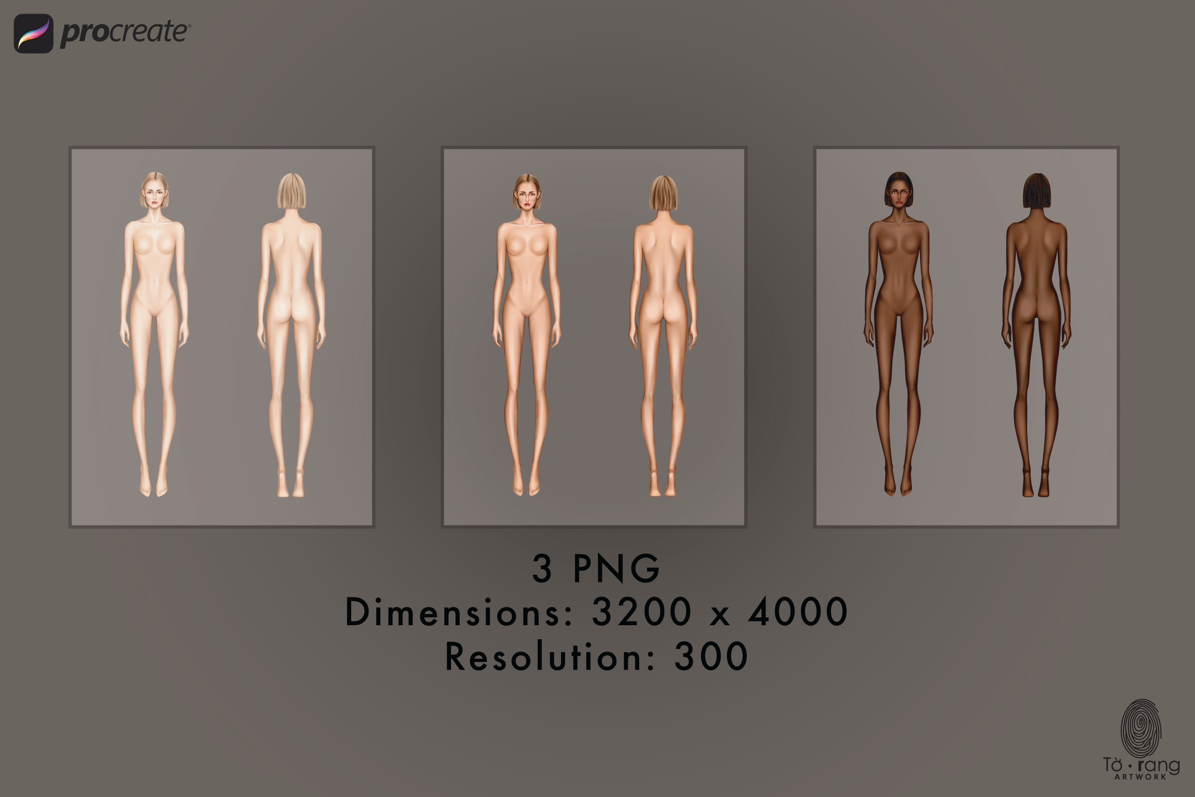 Female Fashion Croquis Template, Front and Back, 3 Different Colored Skin Tones, 9-Head Fashion Figure, Standing Pose, Background Less PNG - Image 4