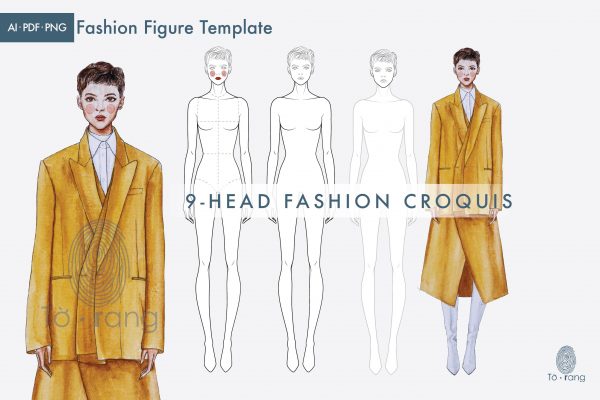 Female Fashion Figure Template, 9-Head Fashion Croquis, Croquis Templates for Fashion Illustrations, Standing Pose
