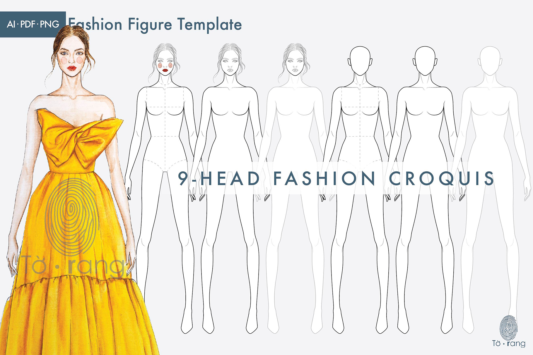 Female Fashion Figure Template, 9-Head Fashion Croquis, Croquis Templates for Fashion Illustrations, Croquis Vector - Image 2