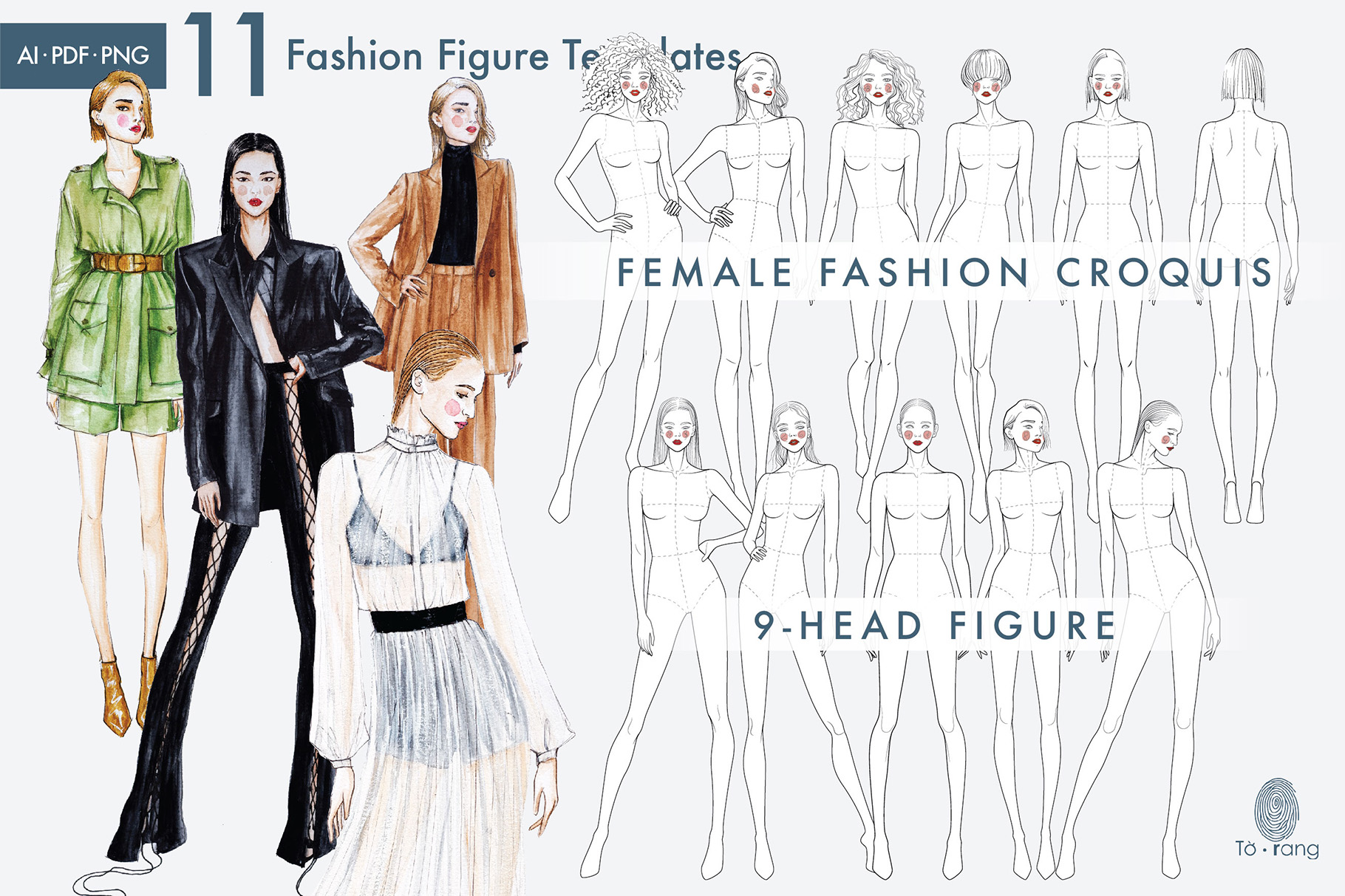 11 Female Fashion Figure Templates, Croquis Templates for Fashion Illustrations, 9 Head Figure, Hairstyle Templates