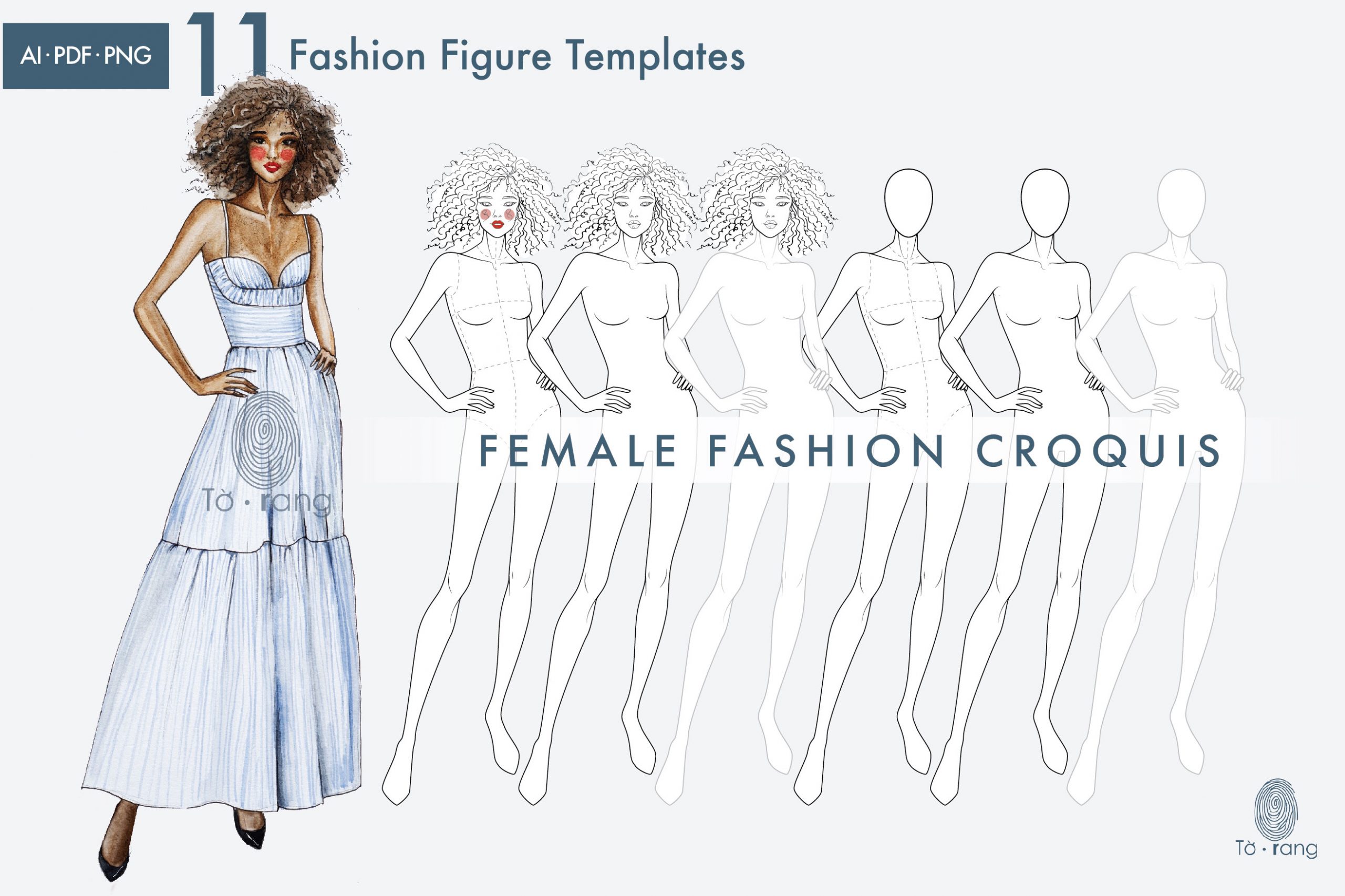 11 Female Fashion Figure Templates, Croquis Templates for Fashion Illustrations, 9 Head Figure, Hairstyle Templates - Image 3
