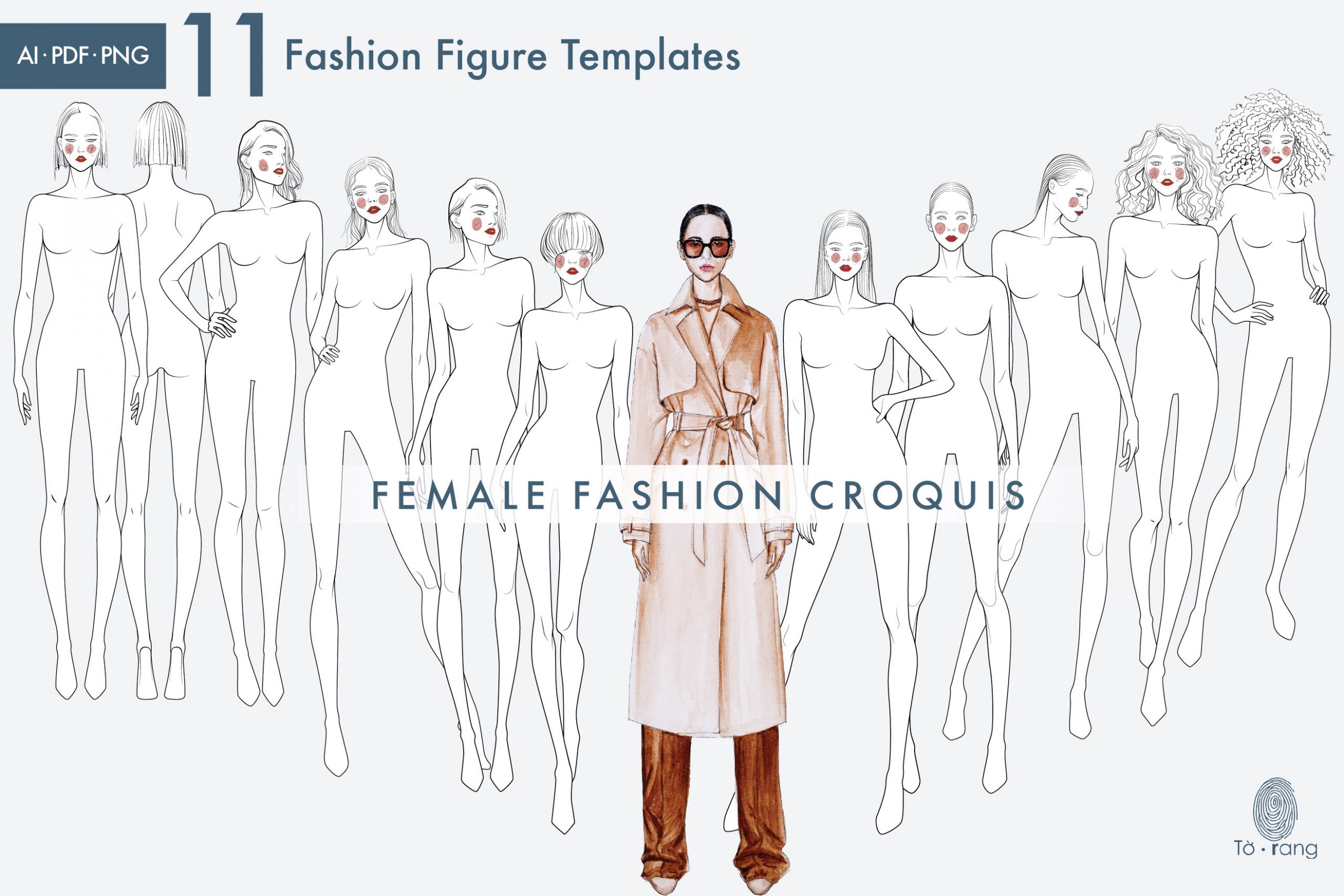 11 Female Fashion Figure Templates, Croquis Templates for Fashion Illustrations, 9 Head Figure, Hairstyle Templates - Image 2