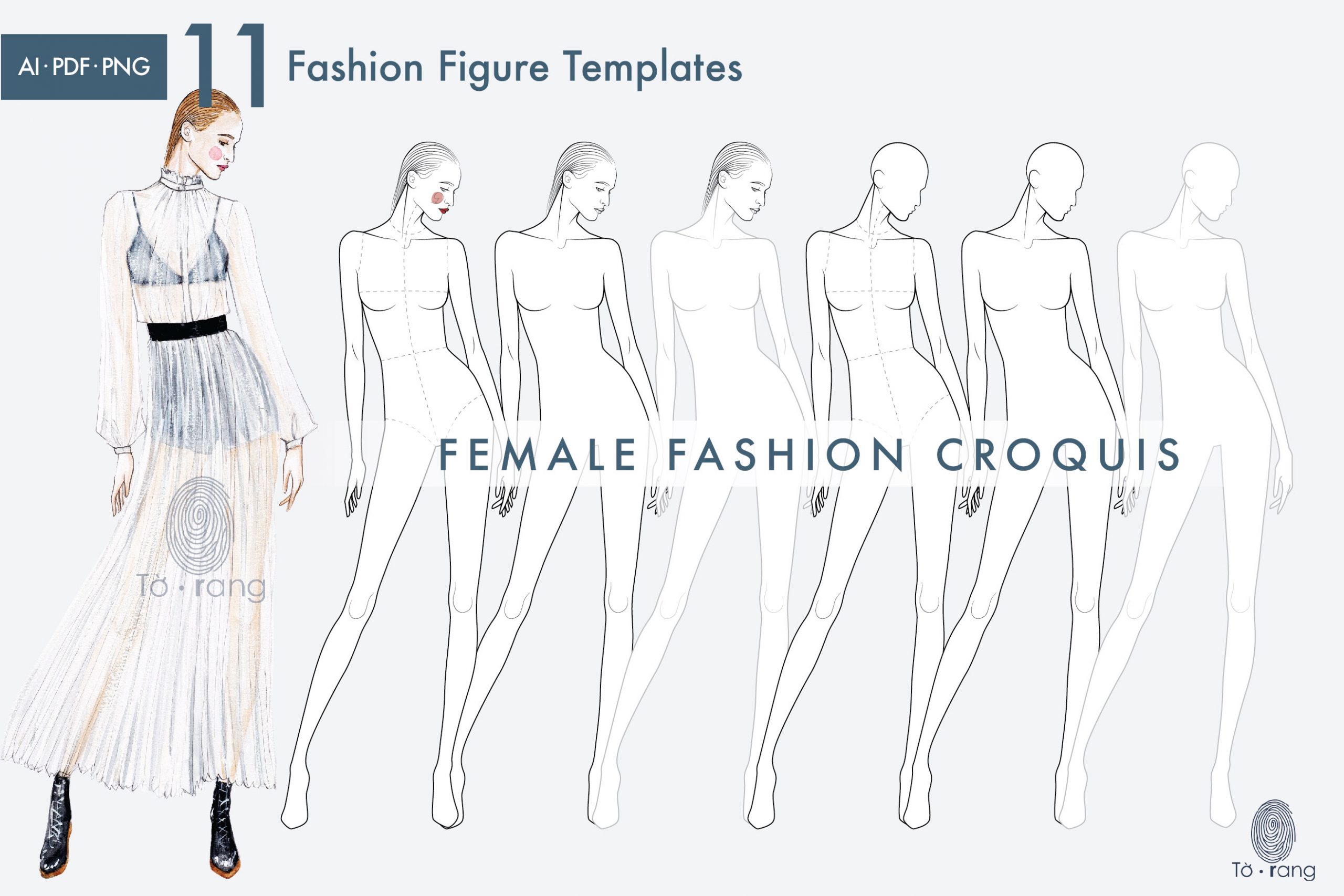 11 Female Fashion Figure Templates, Croquis Templates for Fashion Illustrations, 9 Head Figure, Hairstyle Templates - Image 5