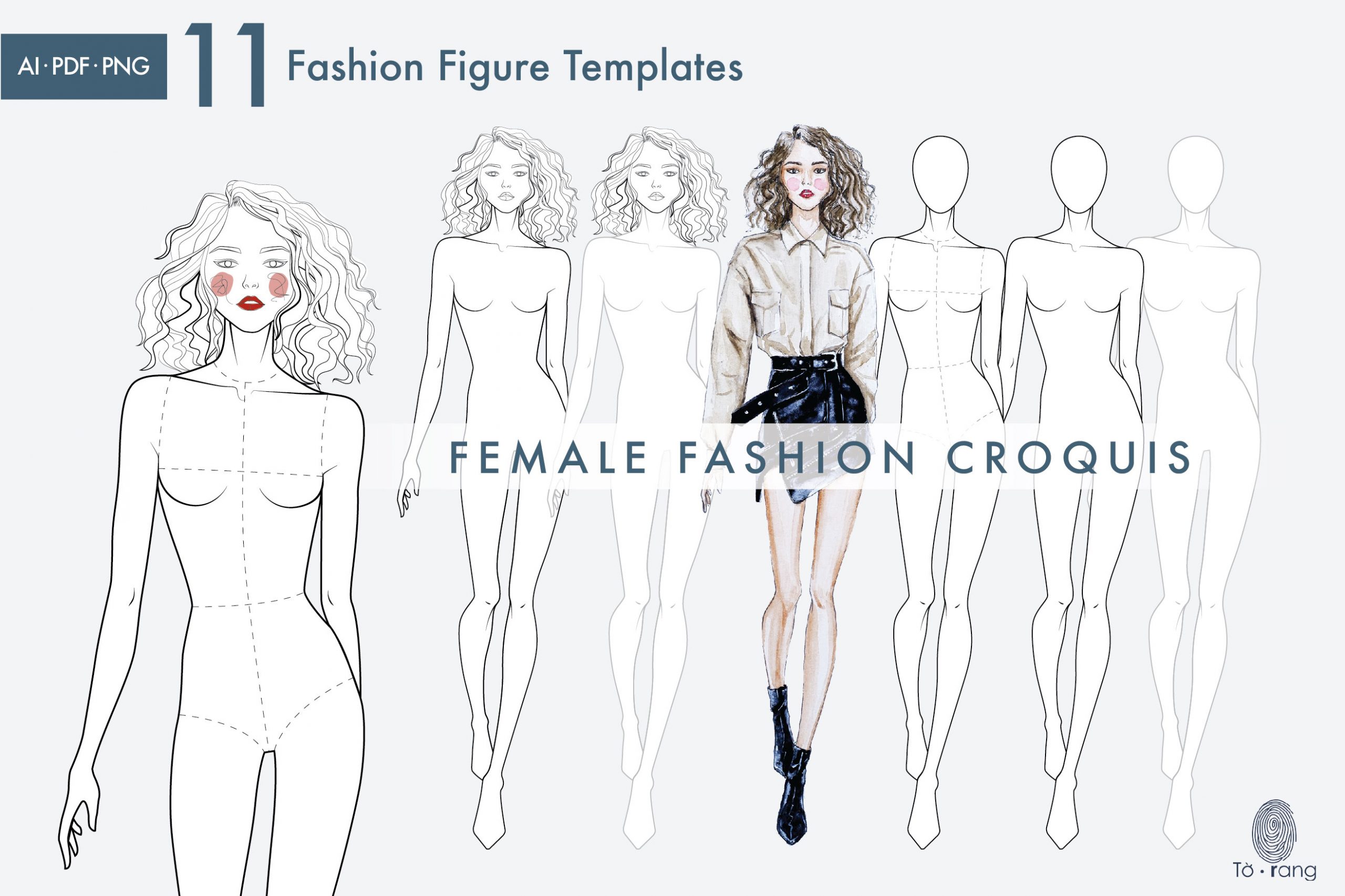 11 Female Fashion Figure Templates, Croquis Templates for Fashion Illustrations, 9 Head Figure, Hairstyle Templates - Image 7