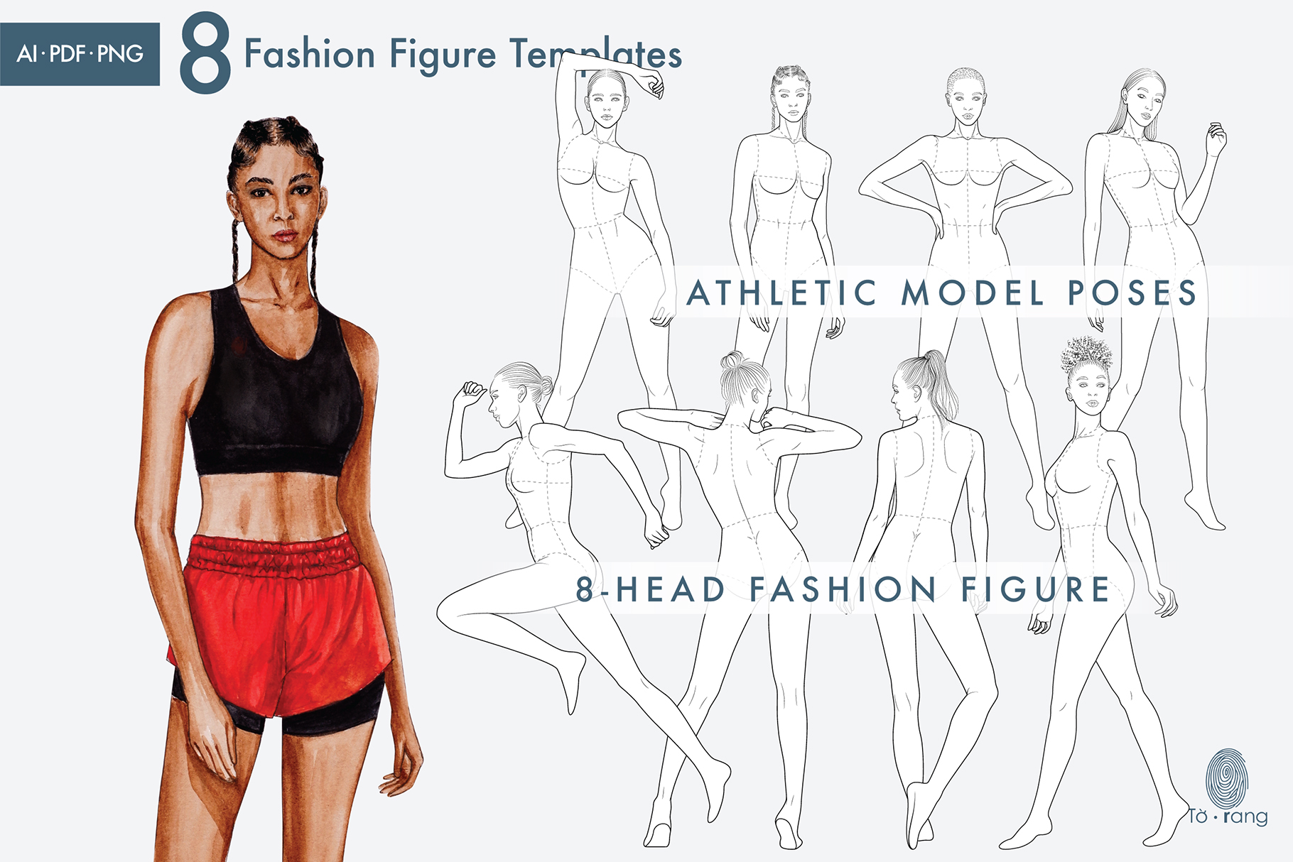 8 Female Fashion Figure Templates, Athletic Model Poses, Croquis Templates for Sportswear Fashion Illustrations, 8 Heads