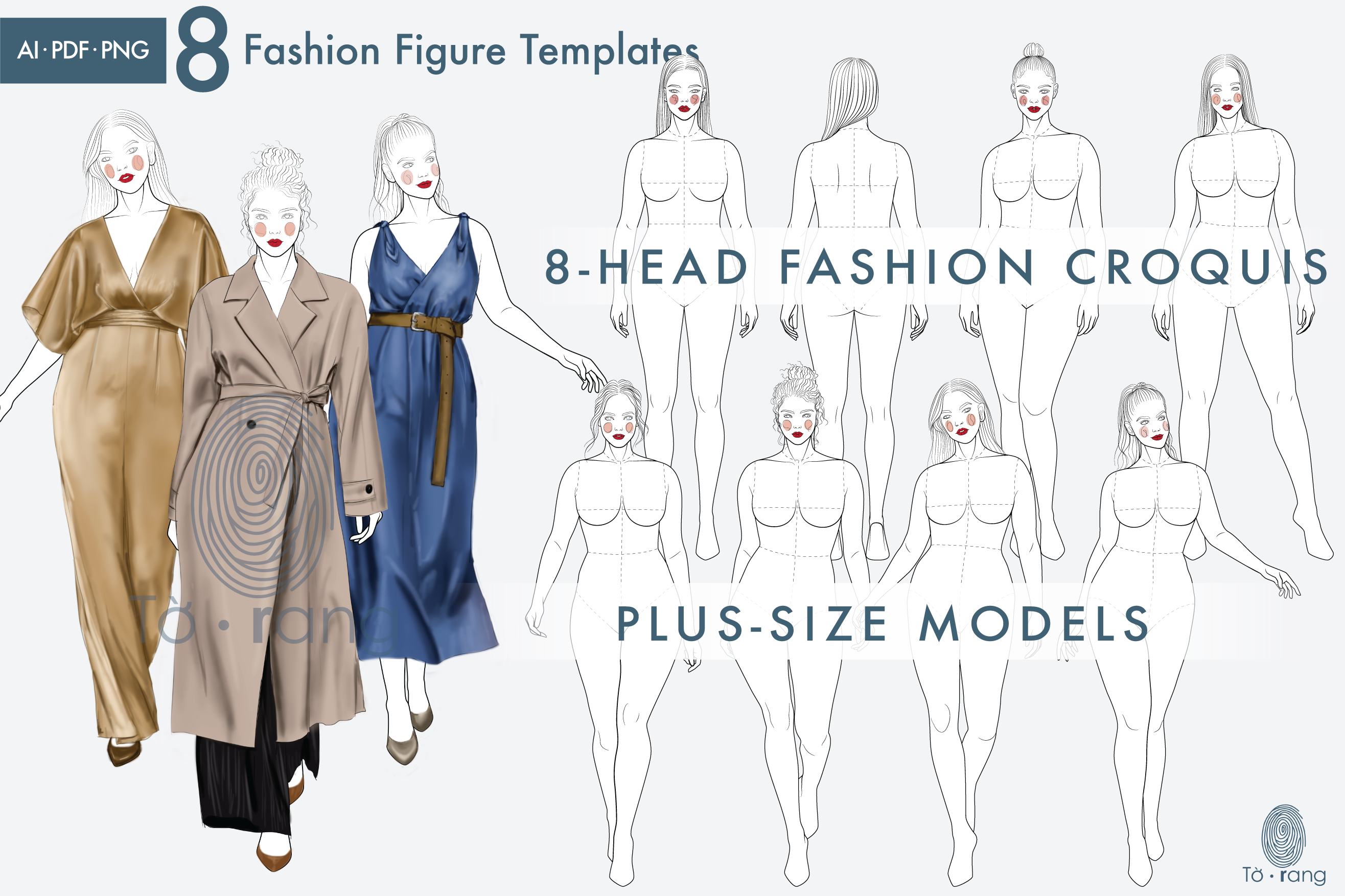 8 Female Plus Size Fashion Figure Templates, Curvy Croqui Templates, 8-Head Model Figures, Croquis Templates for Fashion Illustrations