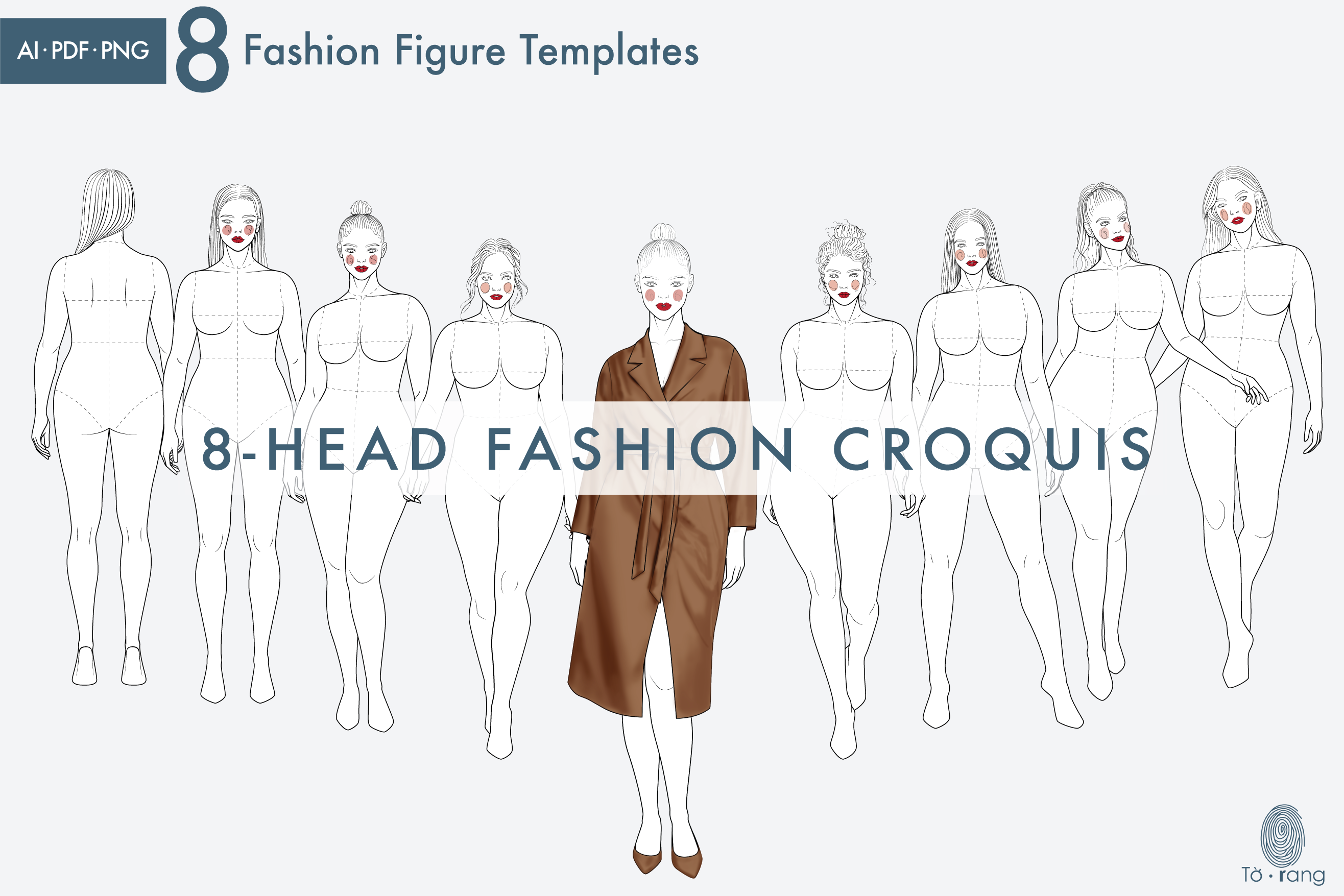 8 Female Plus Size Fashion Figure Templates, Curvy Croqui Templates, 8-Head Model Figures, Croquis Templates for Fashion Illustrations - Image 2