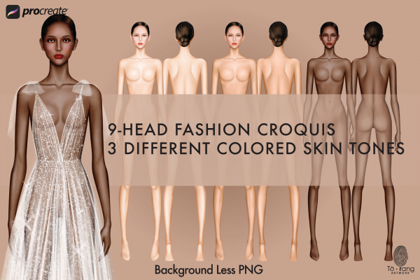 Female Fashion Croquis Templates, Front and Back, 3 Different Colored Skin Tones, 9-Head Fashion Figure, Fashion Illustration