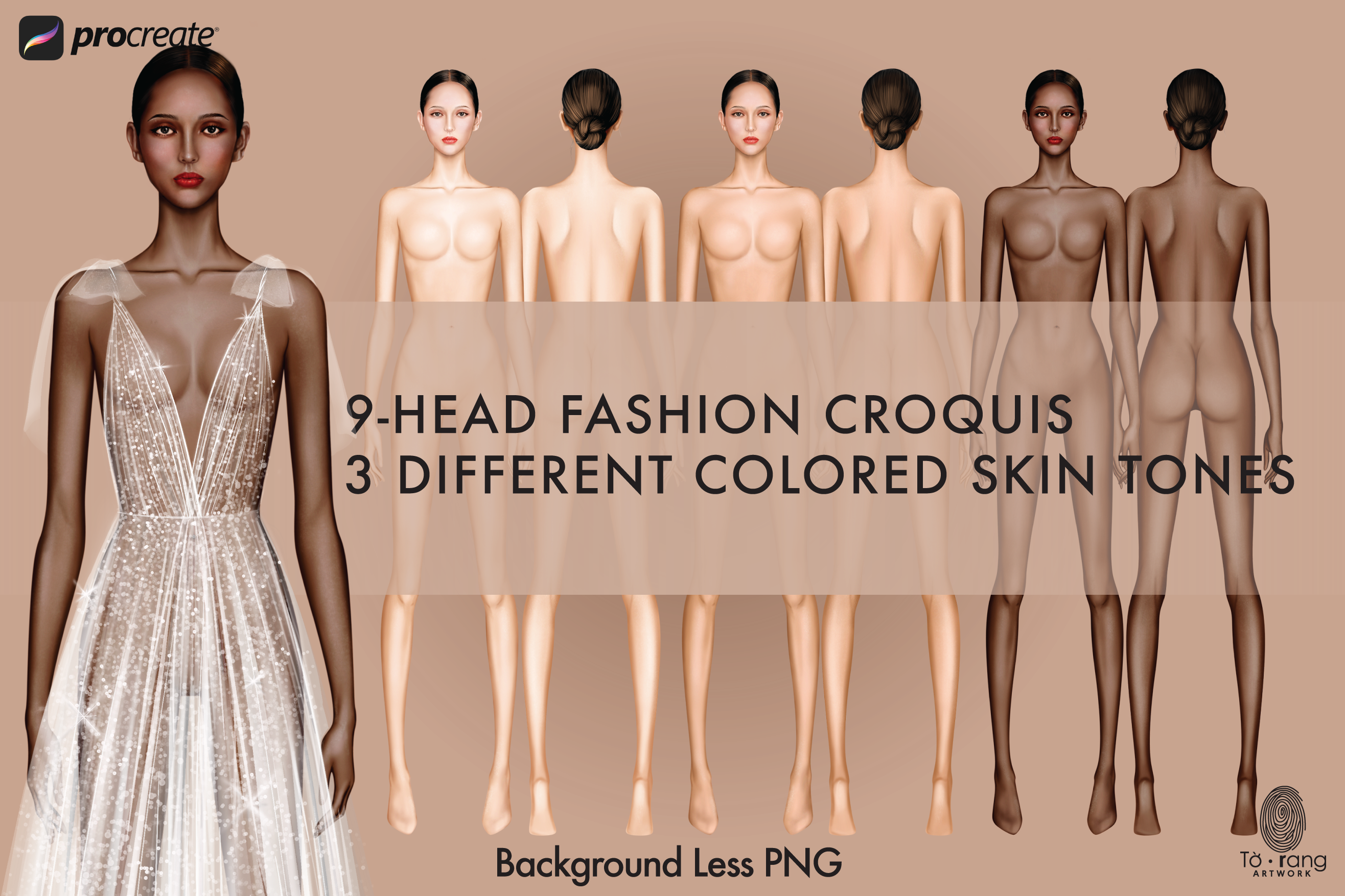 Female Fashion Croquis Templates, Front and Back, 3 Different Colored Skin Tones, 9-Head Fashion Figure, Fashion Illustration