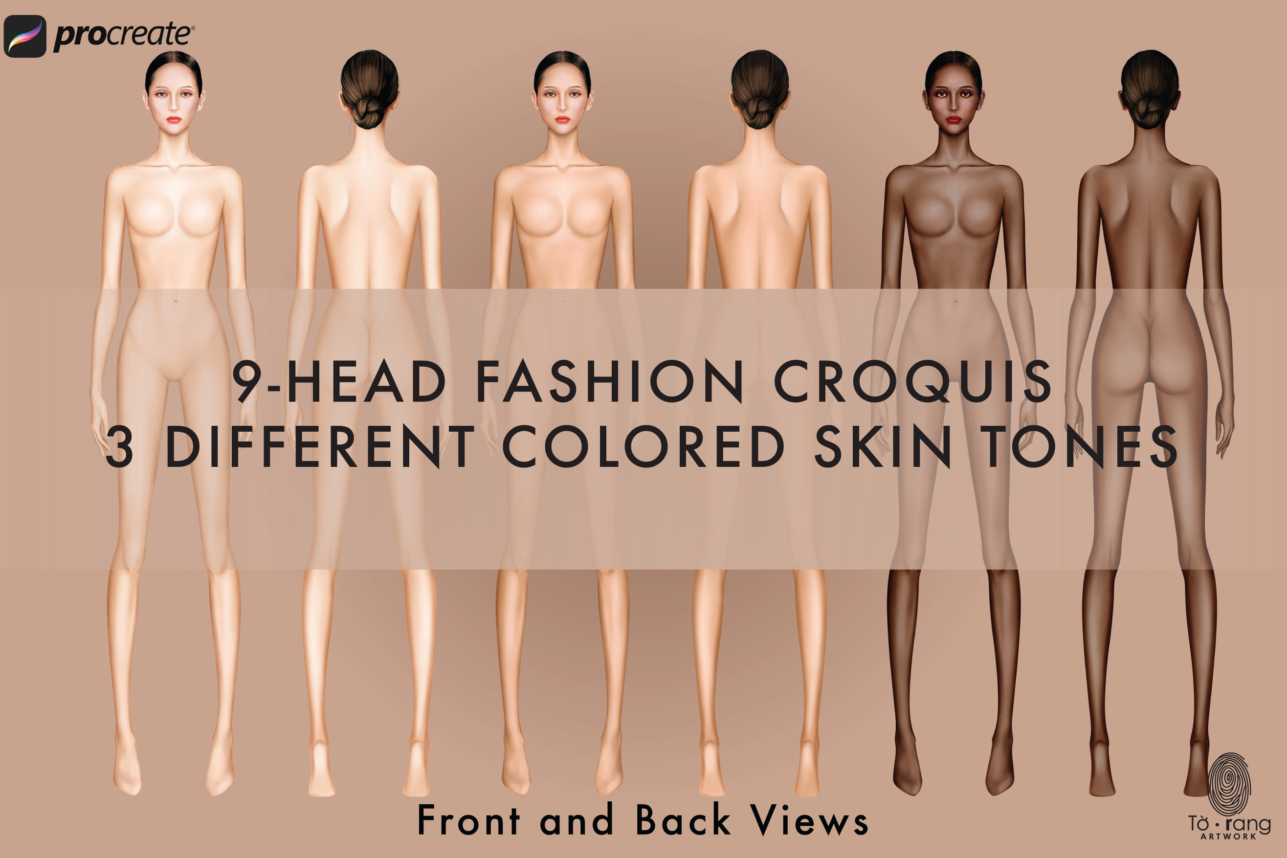 Female Fashion Croquis Templates, Front and Back, 3 Different Colored Skin Tones, 9-Head Fashion Figure, Fashion Illustration - Image 3